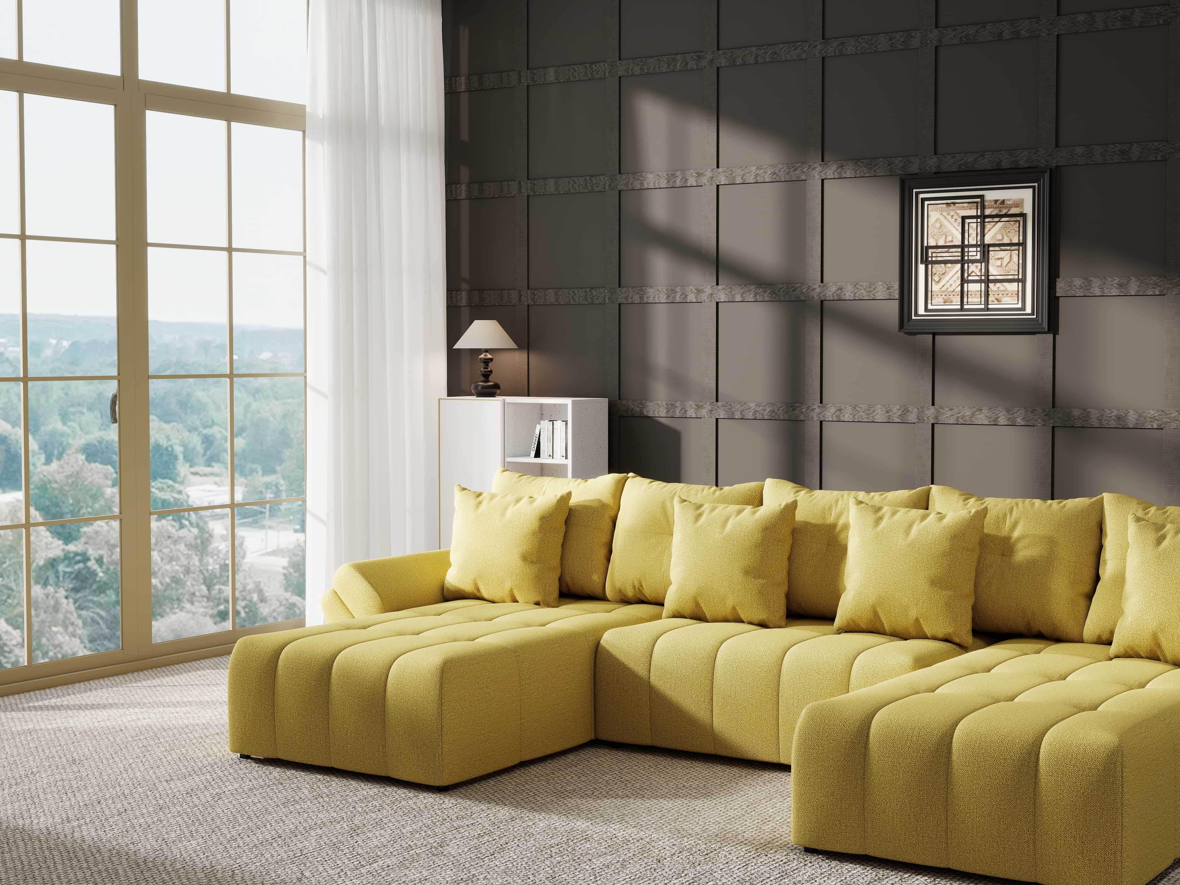 Colțar extensibil dumonde cu ladă de depozitare si sezut confortabil din spuma HR, Berlin U Enjoy Melon 380x180 cm Fabrica