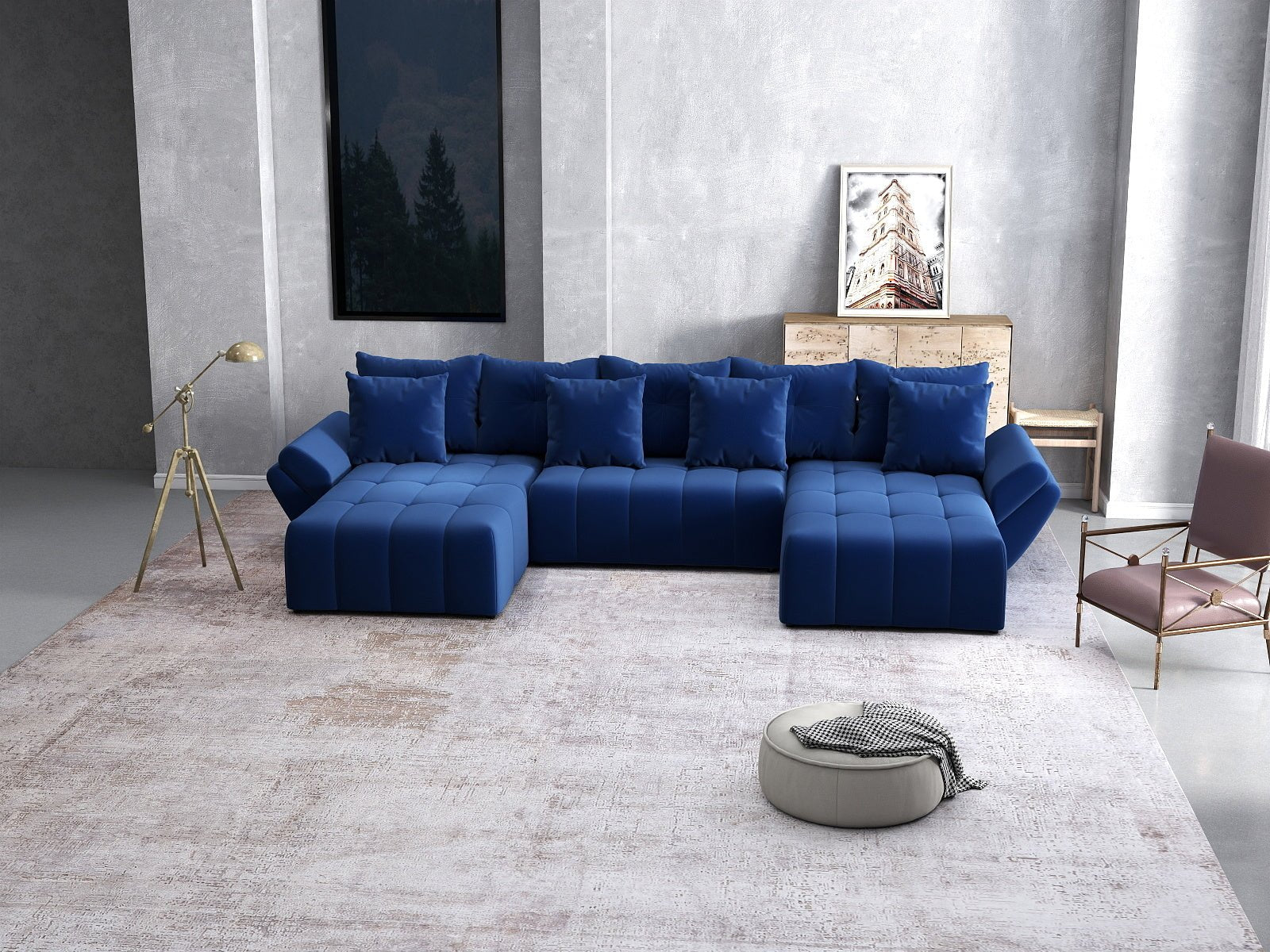 Colțar extensibil dumonde cu ladă de depozitare si sezut confortabil din spuma HR, Berlin U Royal Blue 380x180 cm Fabrica