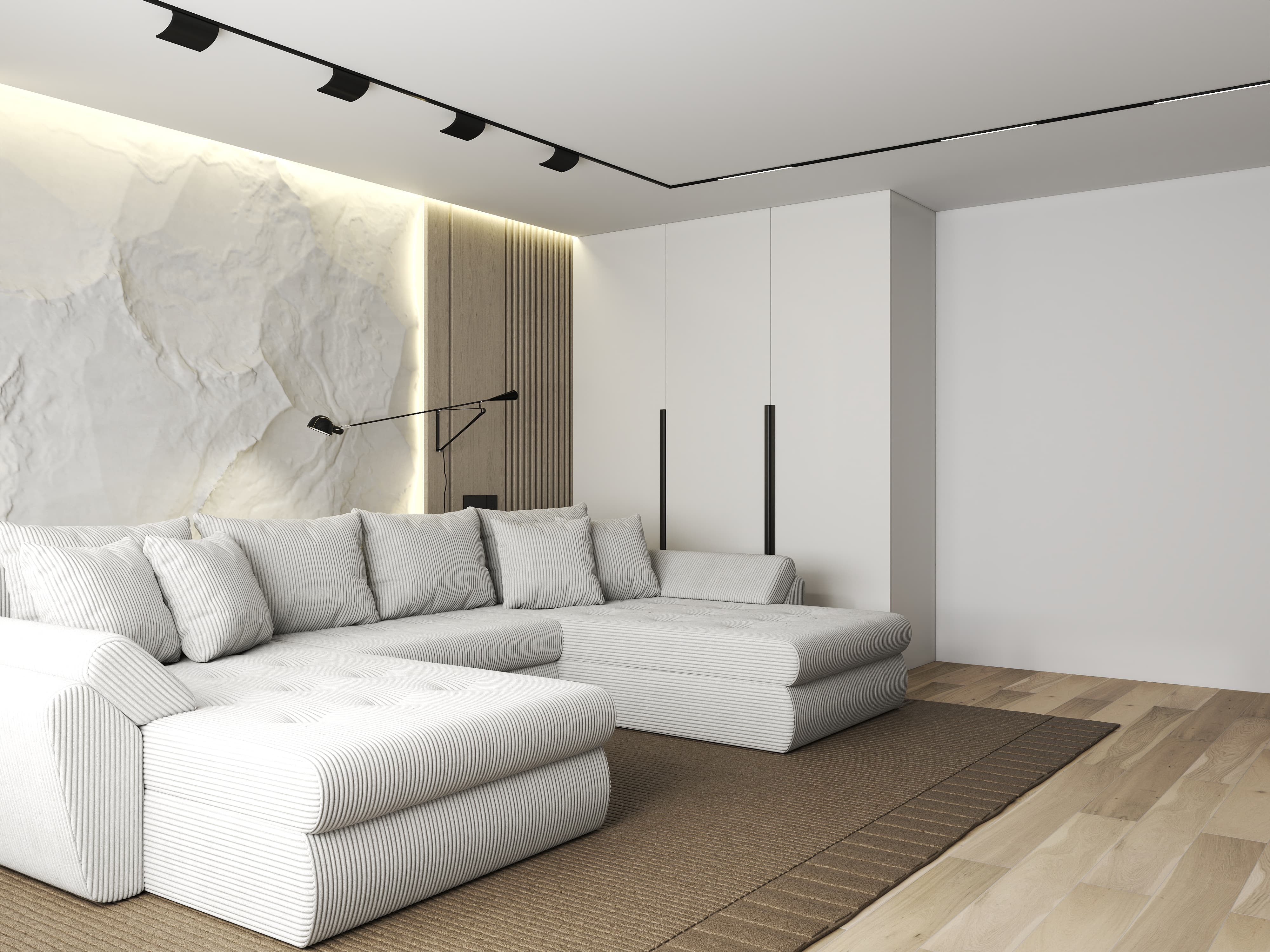 Colțar extensibil dumonde cu ladă de depozitare si sezut confortabil din spuma HR, Loana U Zoom Cream 355x185 cm Fabrica