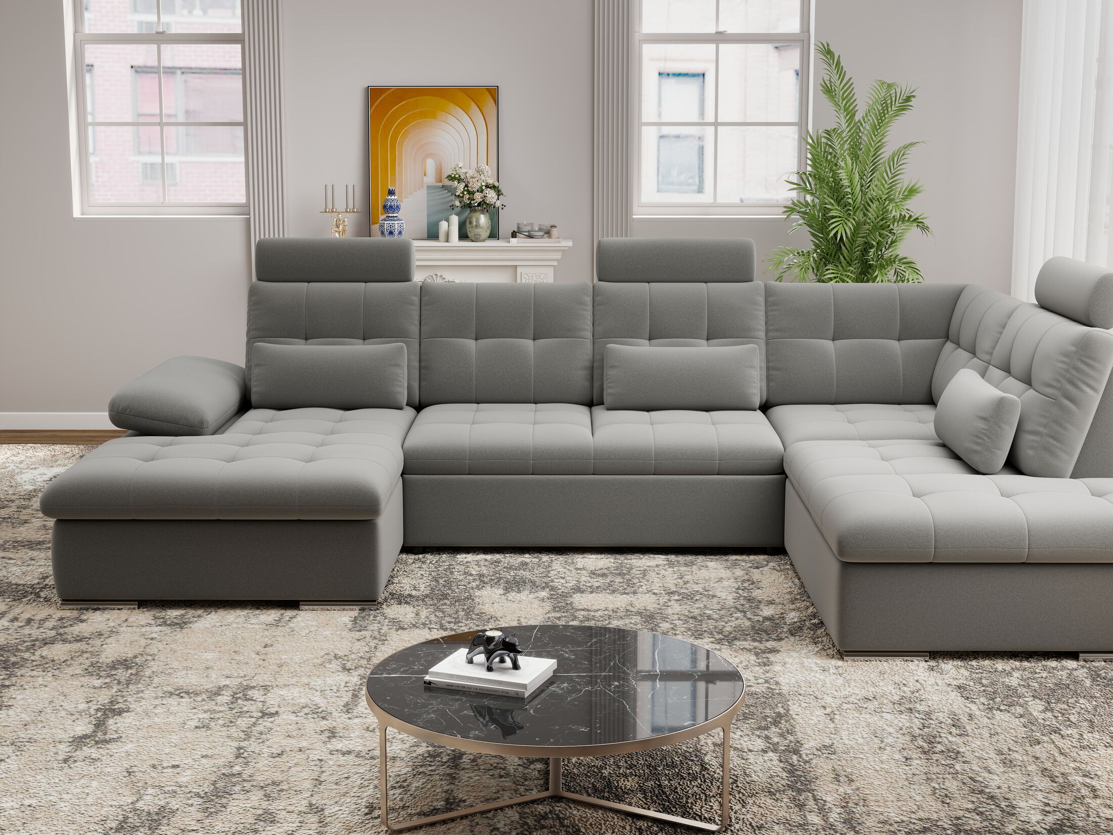 Colțar extensibil dumonde cu ladă de depozitare și șezut confortabil din spumă HR, Merkur U Royal Gri 324x218 cm