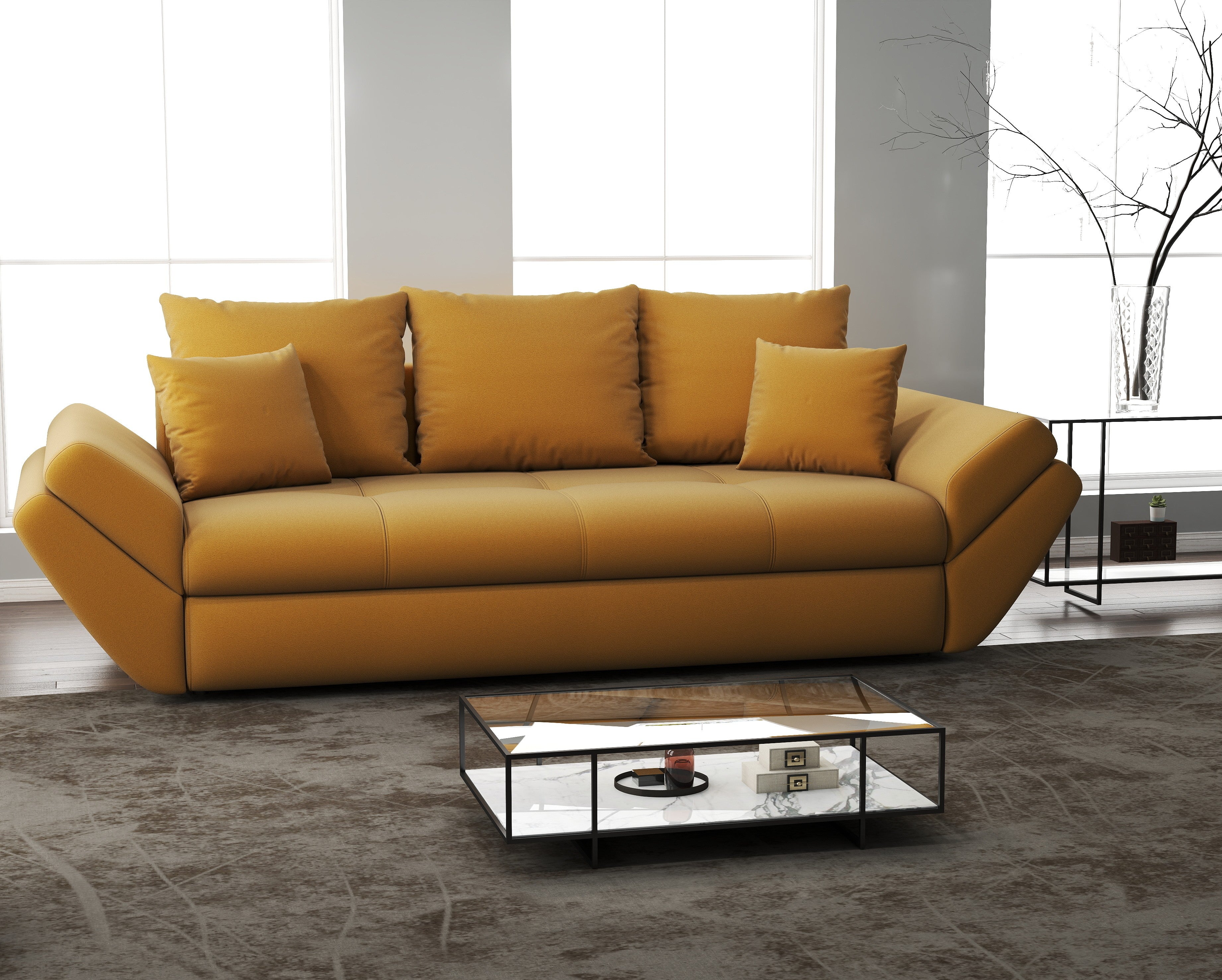 Canapea extensibilă dumonde cu ladă de depozitare si sezut confortabil din spuma HR, Loana Royal Mustar 250x100 cm Fabrica