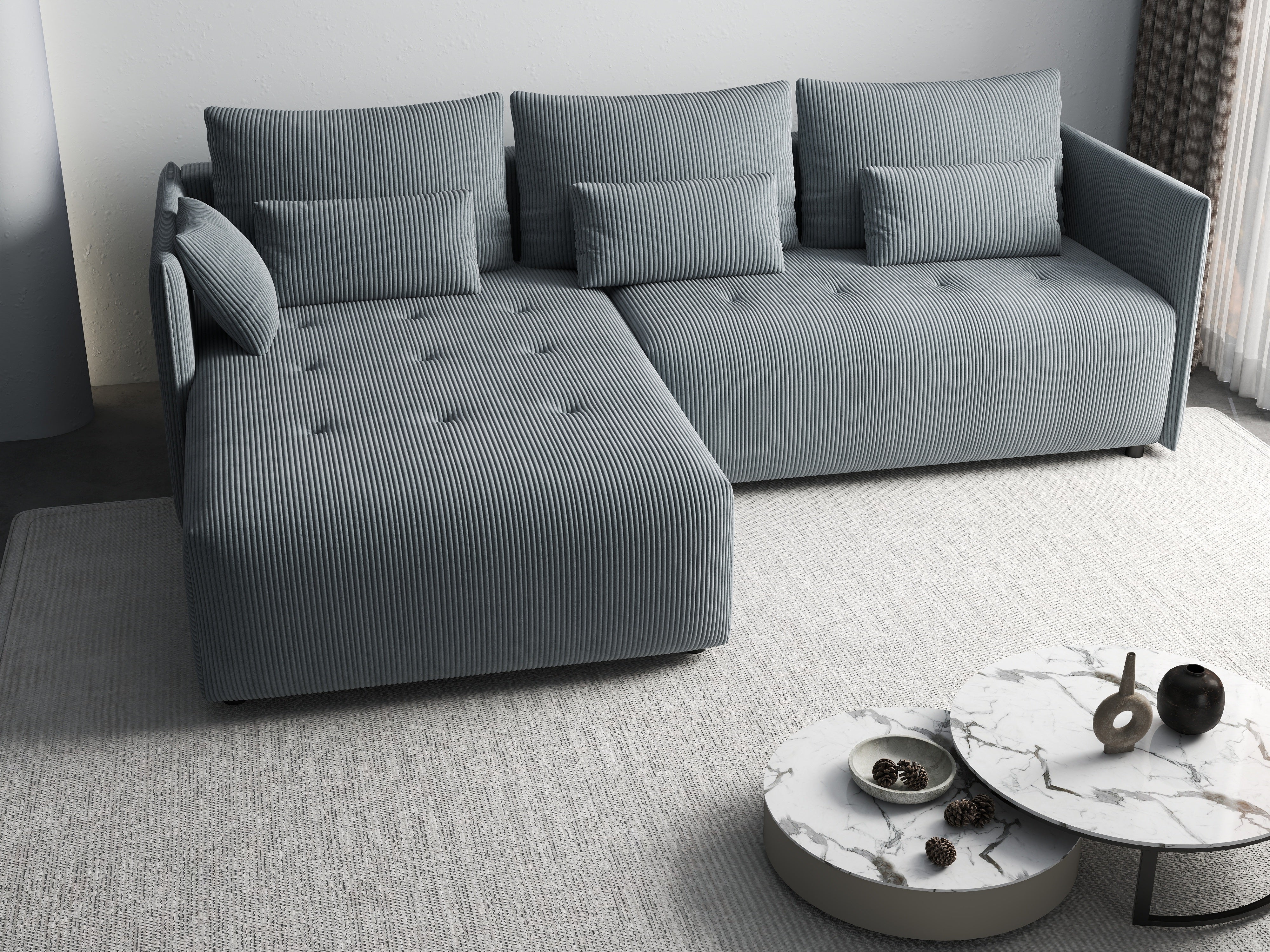 Colțar extensibil dumonde cu ladă de depozitare si sezut confortabil din spuma HR, Malta Zoom Grey 235x185 cm Fabrica