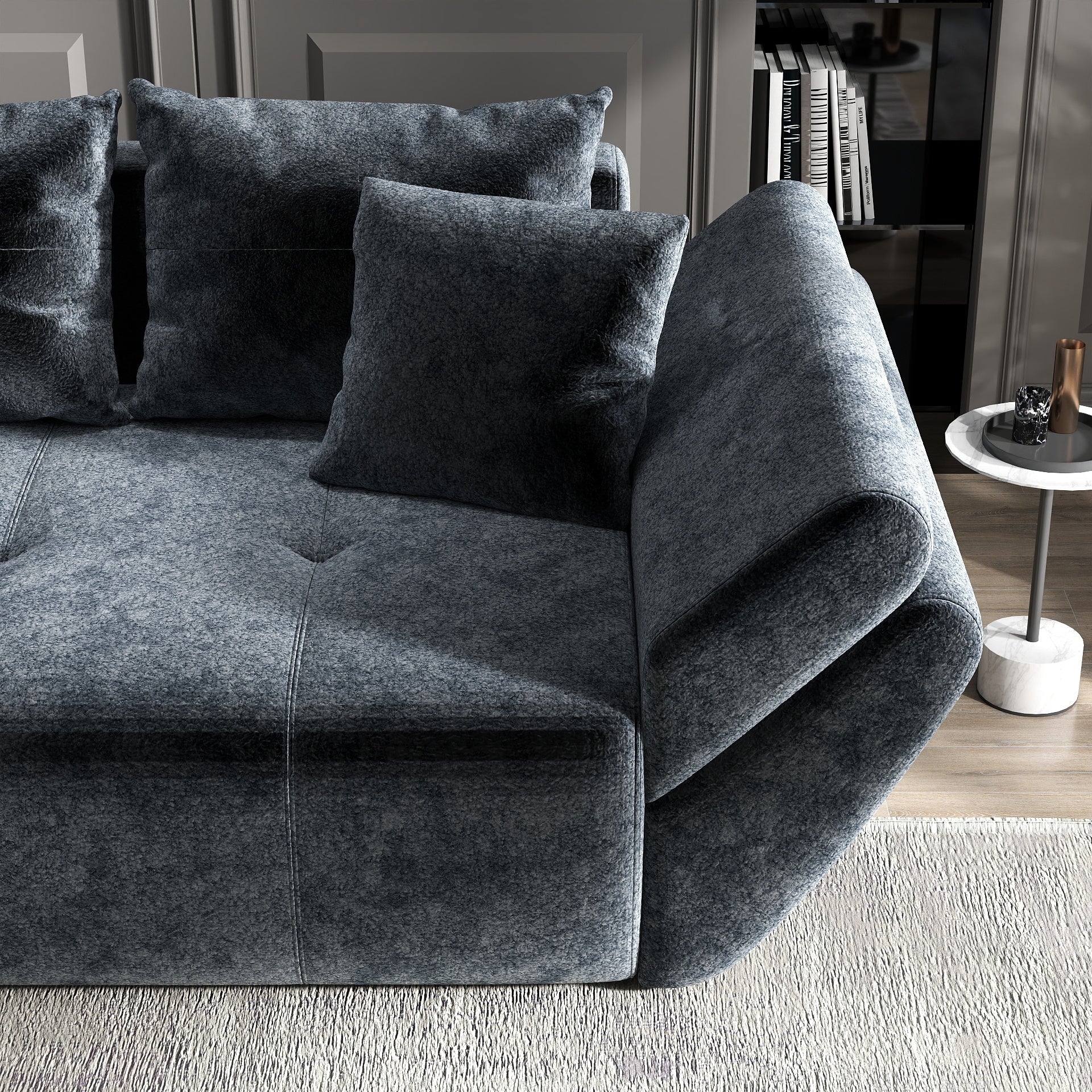 Canapea extensibilă dumonde cu ladă de depozitare si sezut confortabil din spuma HR, Berlin Euphoria Grafit 250x100 cm Fabrica