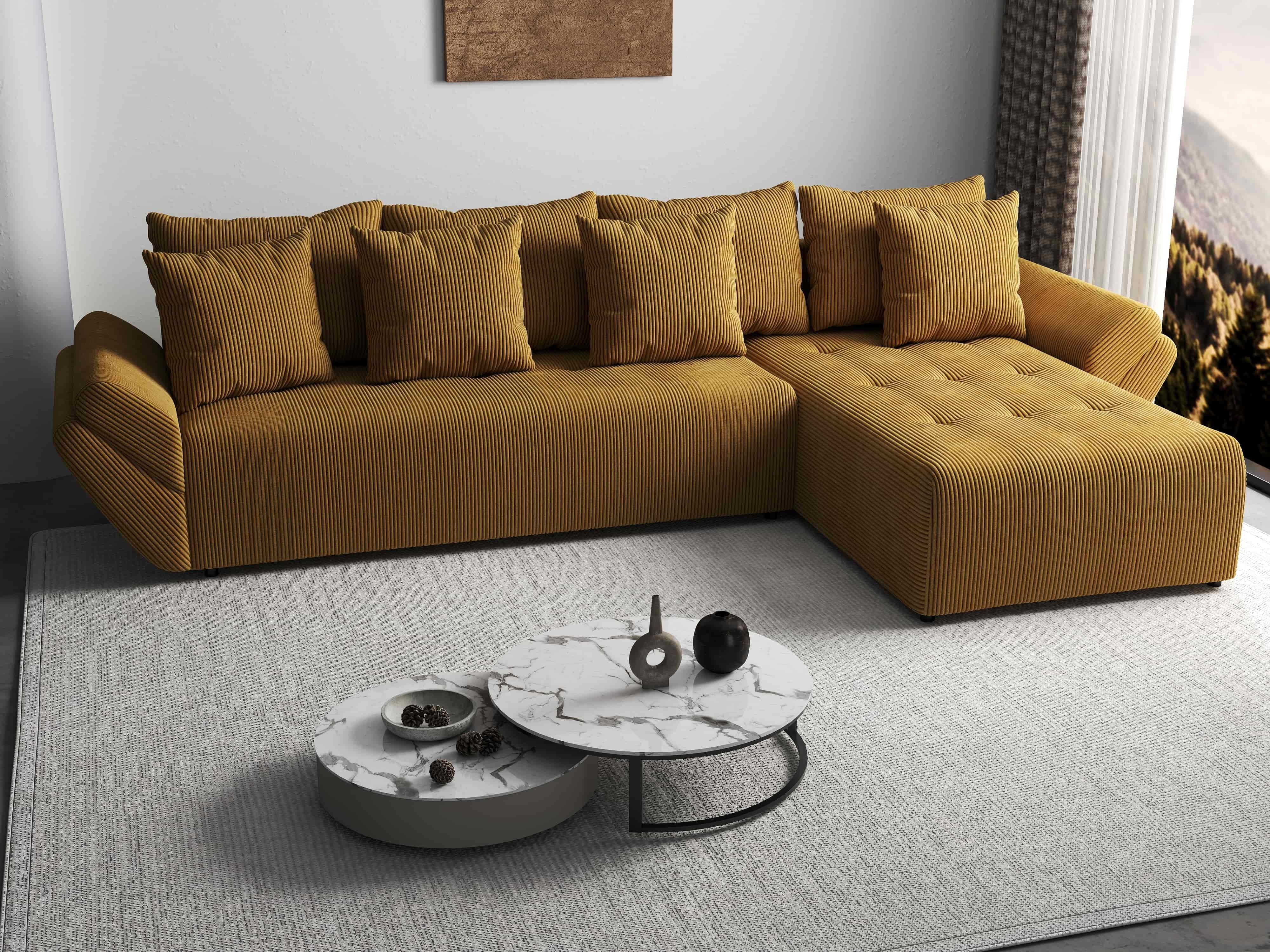 Colțar extensibil dumonde cu ladă de depozitare si sezut confortabil din spuma HR, Berlin XL Zoom Mustar 350x185 cm II Fabrica