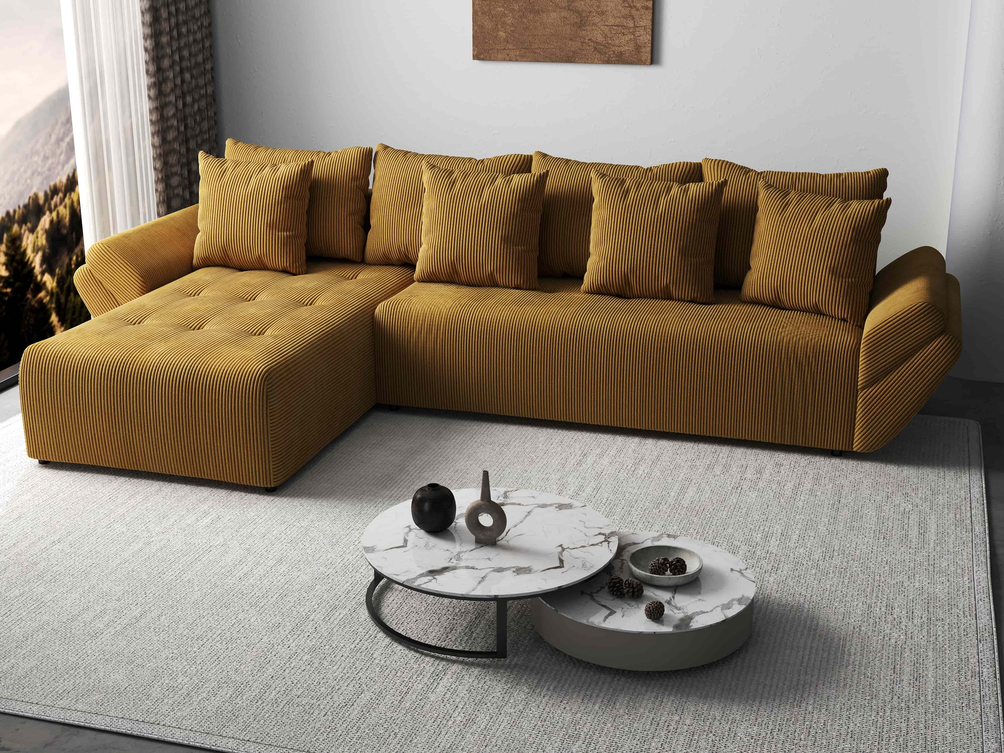 Colțar extensibil dumonde cu ladă de depozitare si sezut confortabil din spuma HR, Berlin XL Zoom Mustar 350x185 cm Fabrica