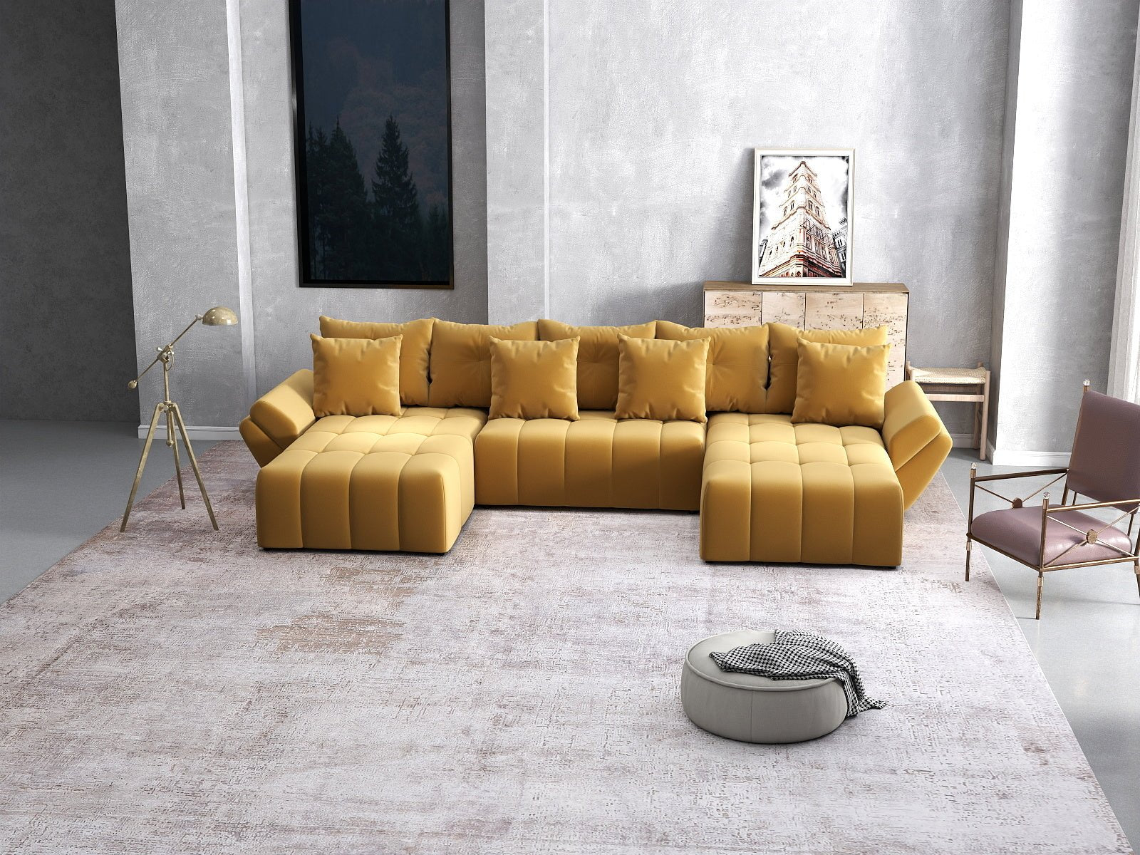 Colțar extensibil dumonde cu ladă de depozitare si sezut confortabil din spuma HR, Berlin U Royal Mustar 380x180 cm Fabrica