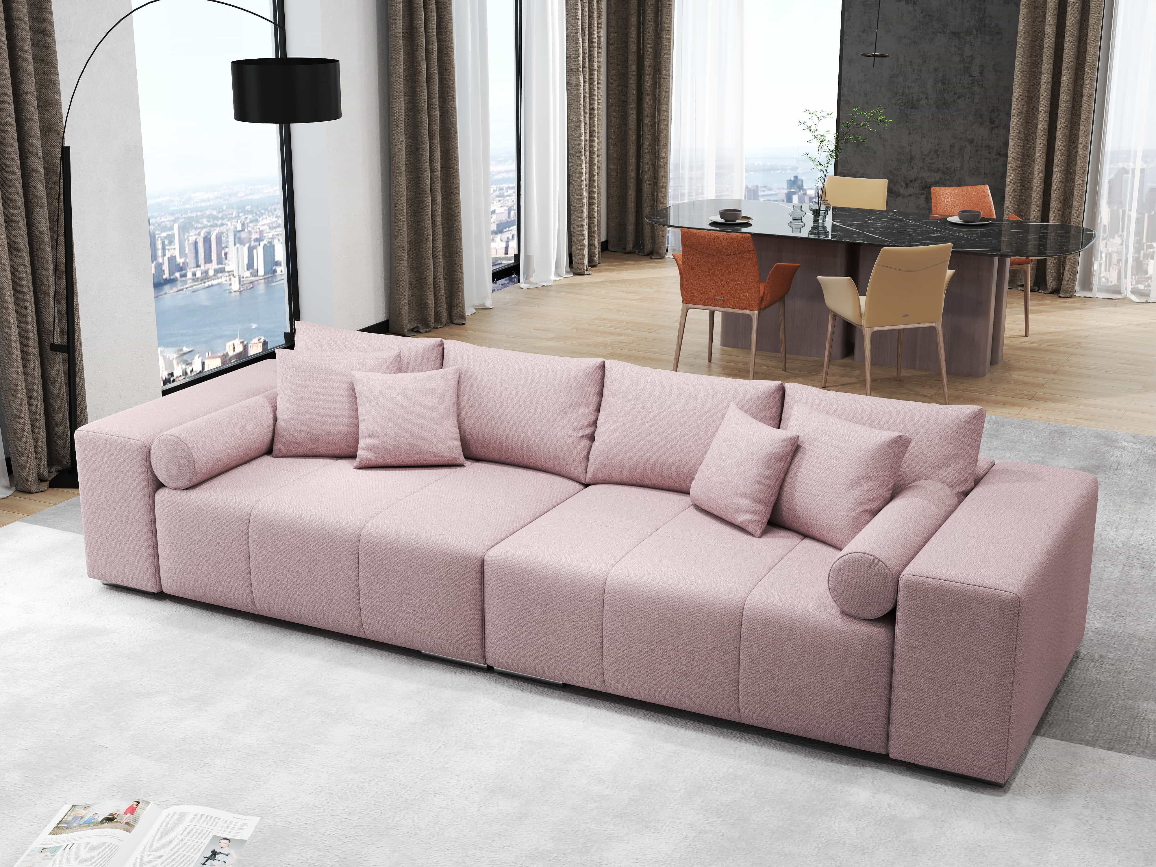Canapea extensibilă dumonde cu ladă de depozitare si sezut confortabil din spuma HR, Marbela Pink XXL 295x100 cm Fabrica