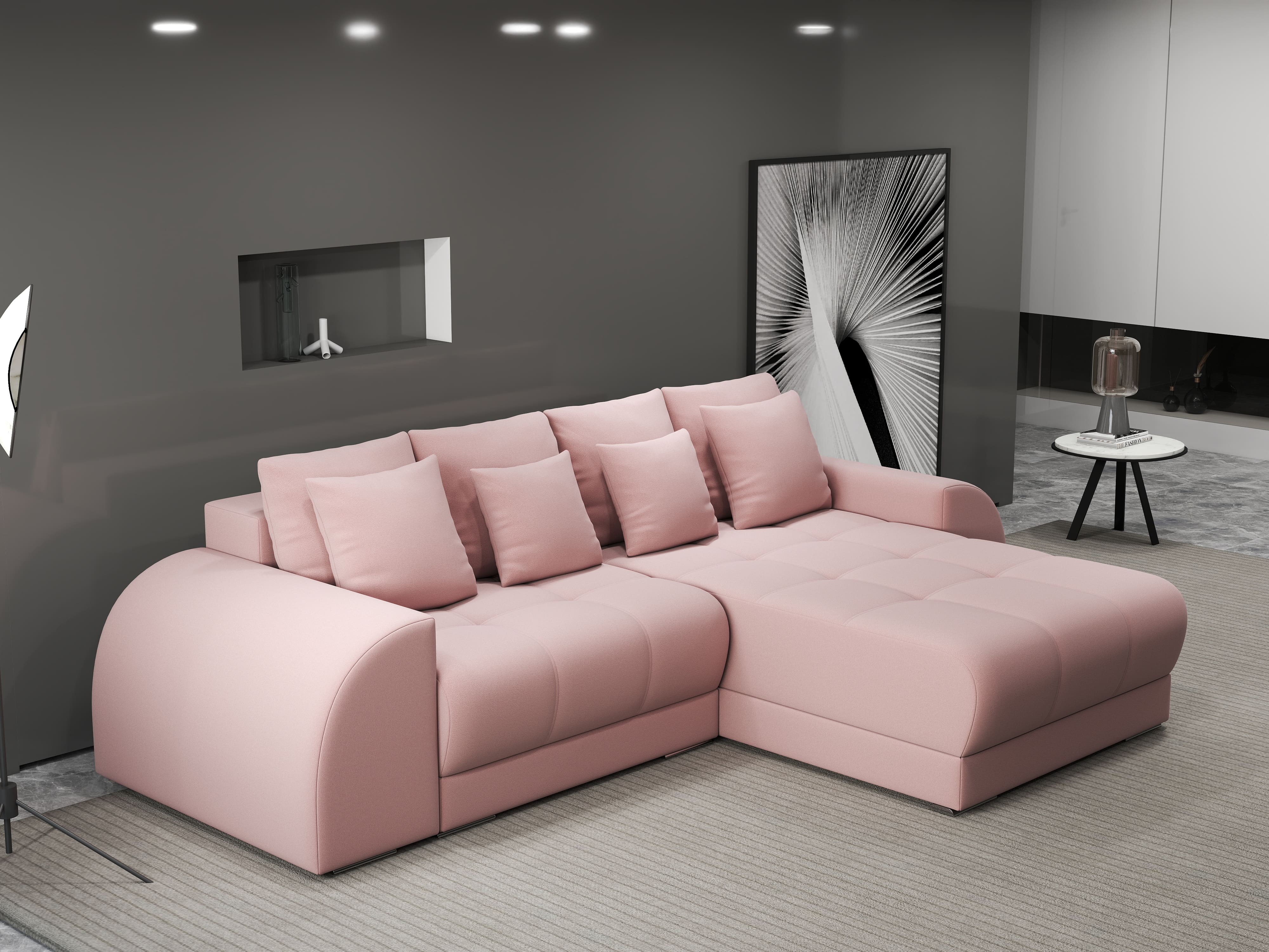 Colțar extensibil dumonde cu ladă de depozitare si sezut confortabil din spuma HR, Verona Royal Roz II 290x185 cm Fabrica