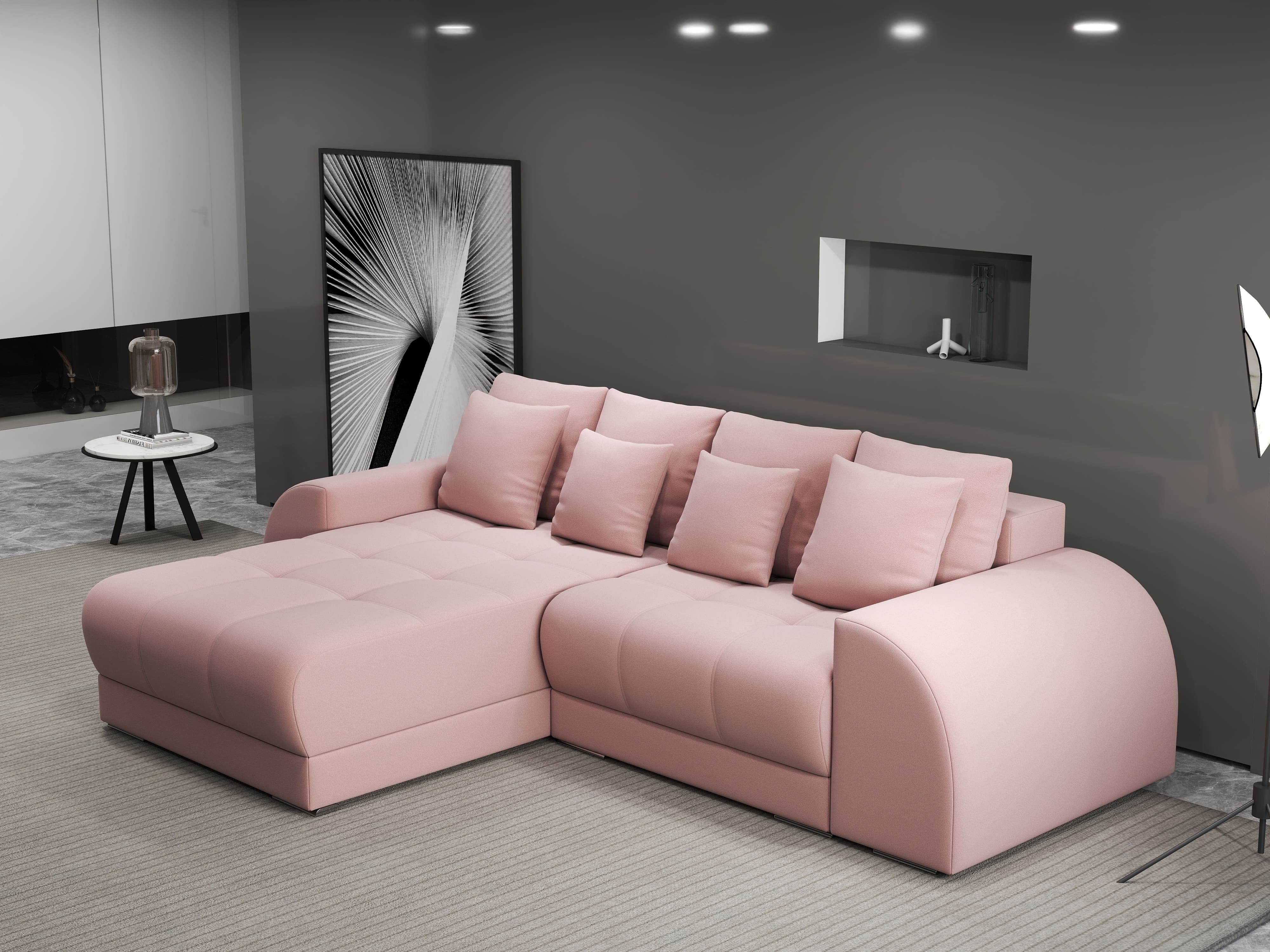 Colțar extensibil dumonde cu ladă de depozitare si sezut confortabil din spuma HR, Verona Royal Roz 290x185 cm Fabrica