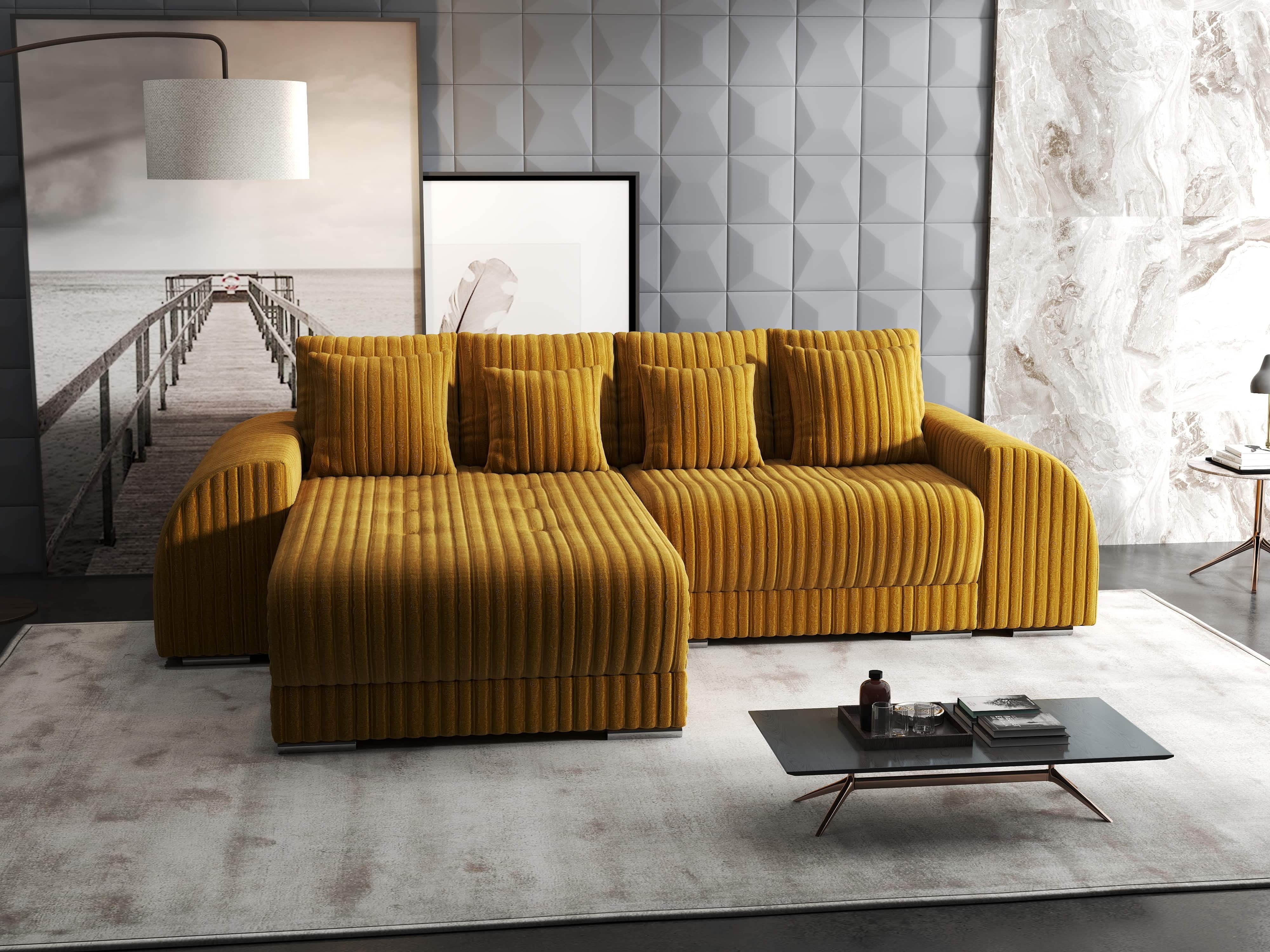 Colțar extensibil dumonde cu ladă de depozitare si sezut confortabil din spuma HR, Verona Ambience Mustar 290x185 cm Fabrica