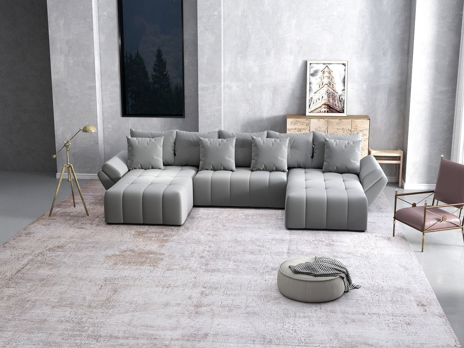 Colțar extensibil dumonde cu ladă de depozitare si sezut confortabil din spuma HR, Berlin U Royal Grey 380x180 cm Fabrica