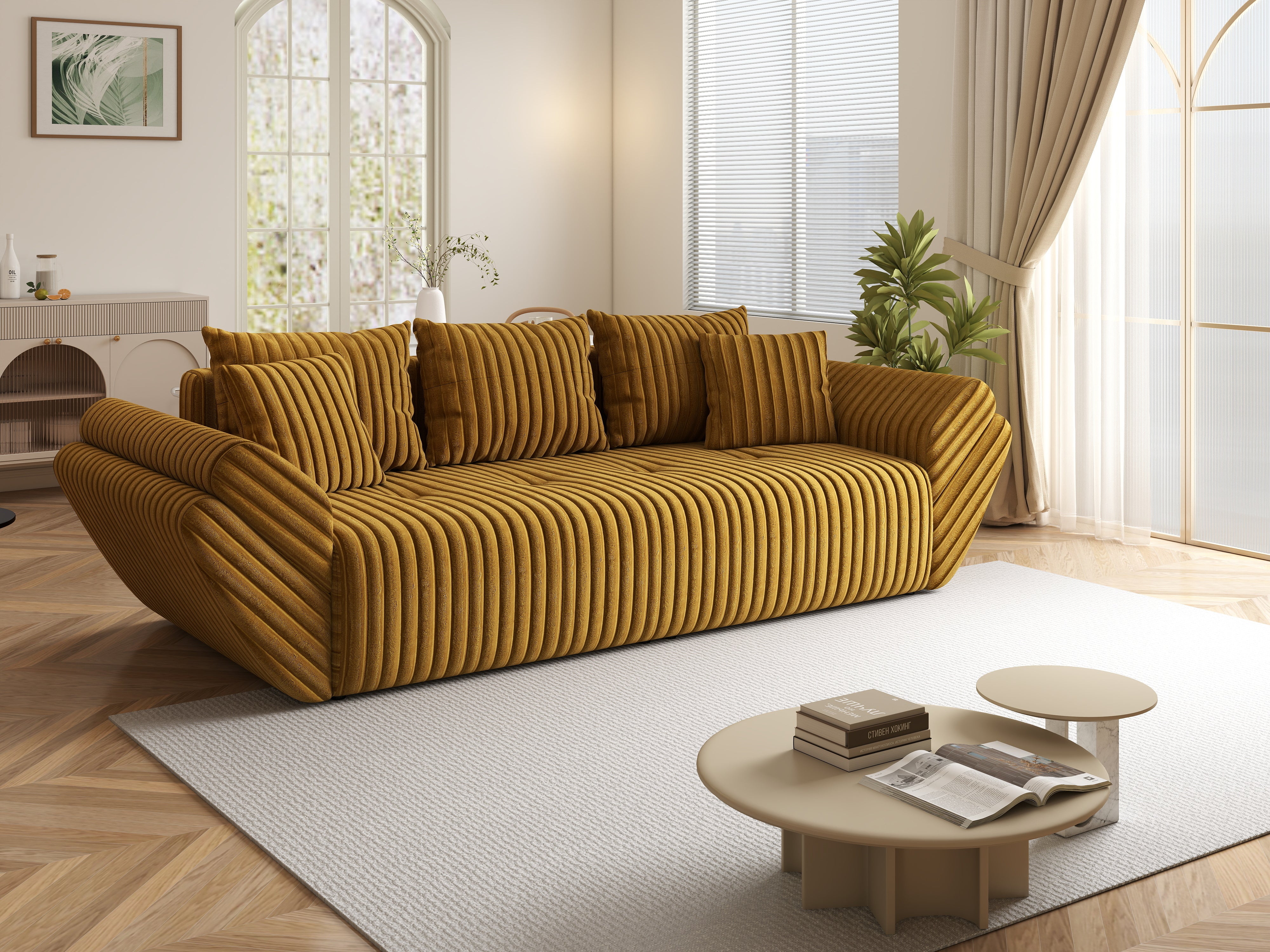 Canapea extensibilă dumonde cu ladă de depozitare si sezut confortabil din spuma HR, Berlin Ambience Mustar 250x100 cm Fabrica