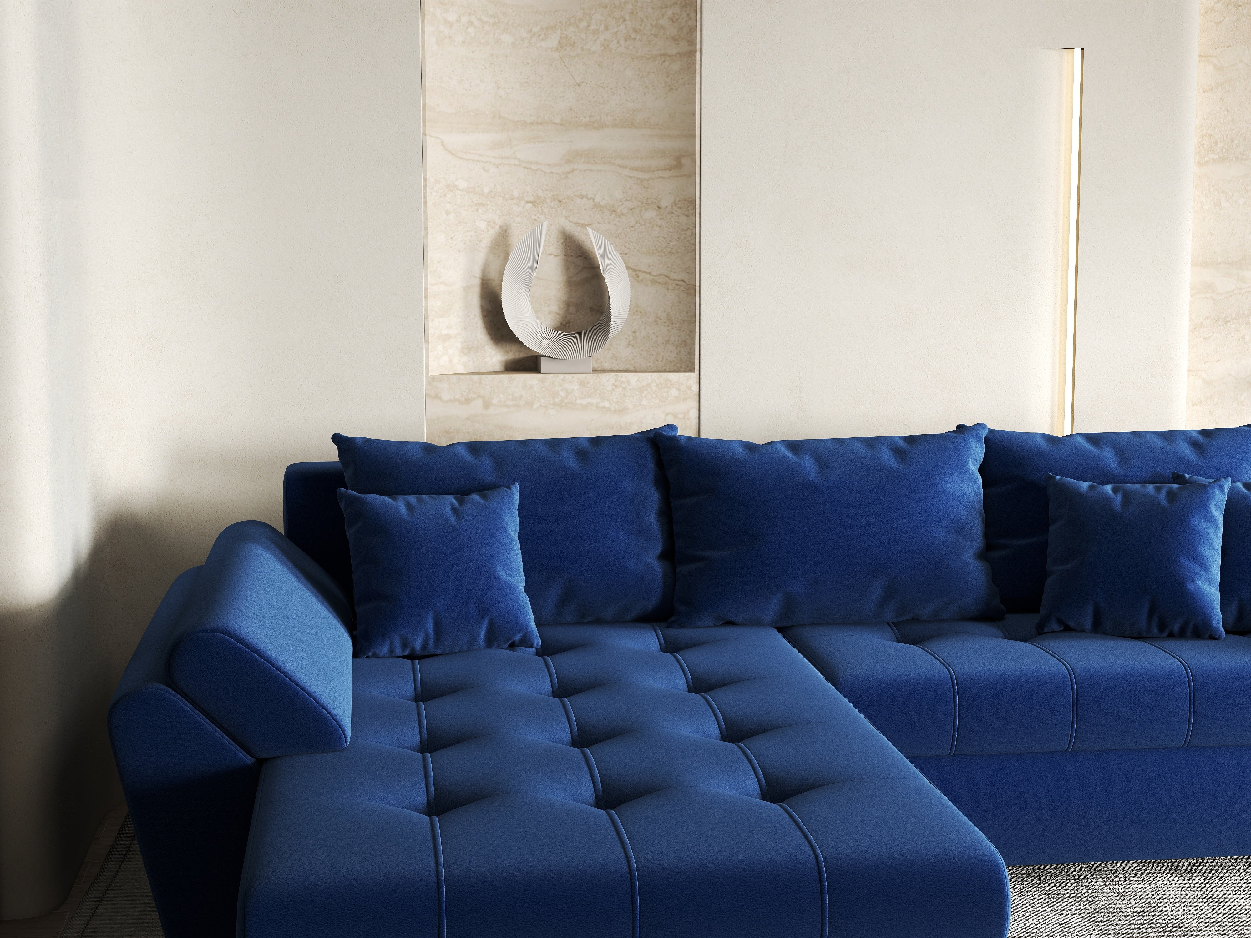 Colțar extensibil dumonde cu ladă de depozitare si sezut confortabil din spuma HR, Loana Royal Blue 270x185 cm Fabrica