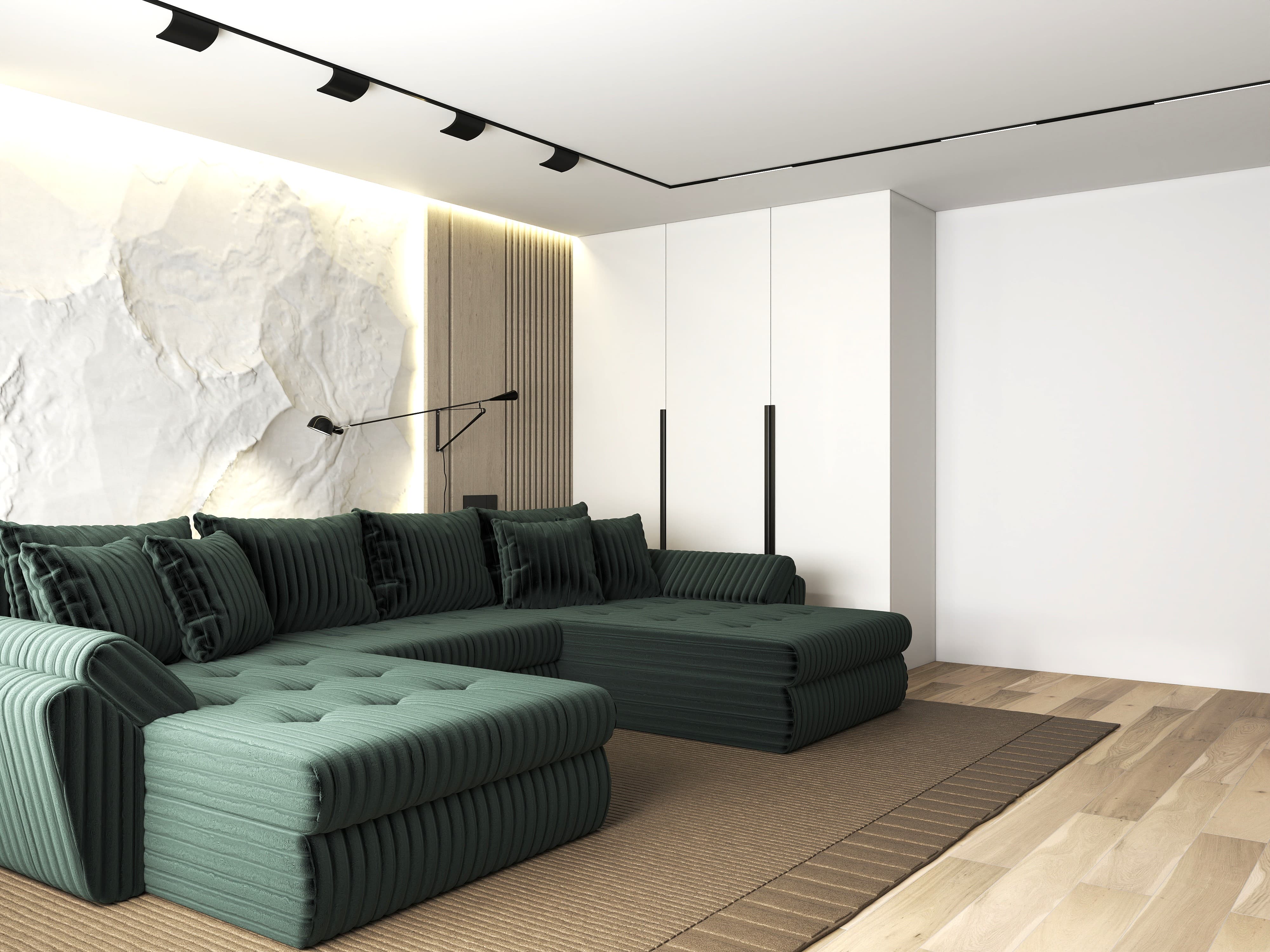 Colțar extensibil dumonde cu ladă de depozitare si sezut confortabil din spuma HR, Loana U Ambience Green 355x185 cm Fabrica