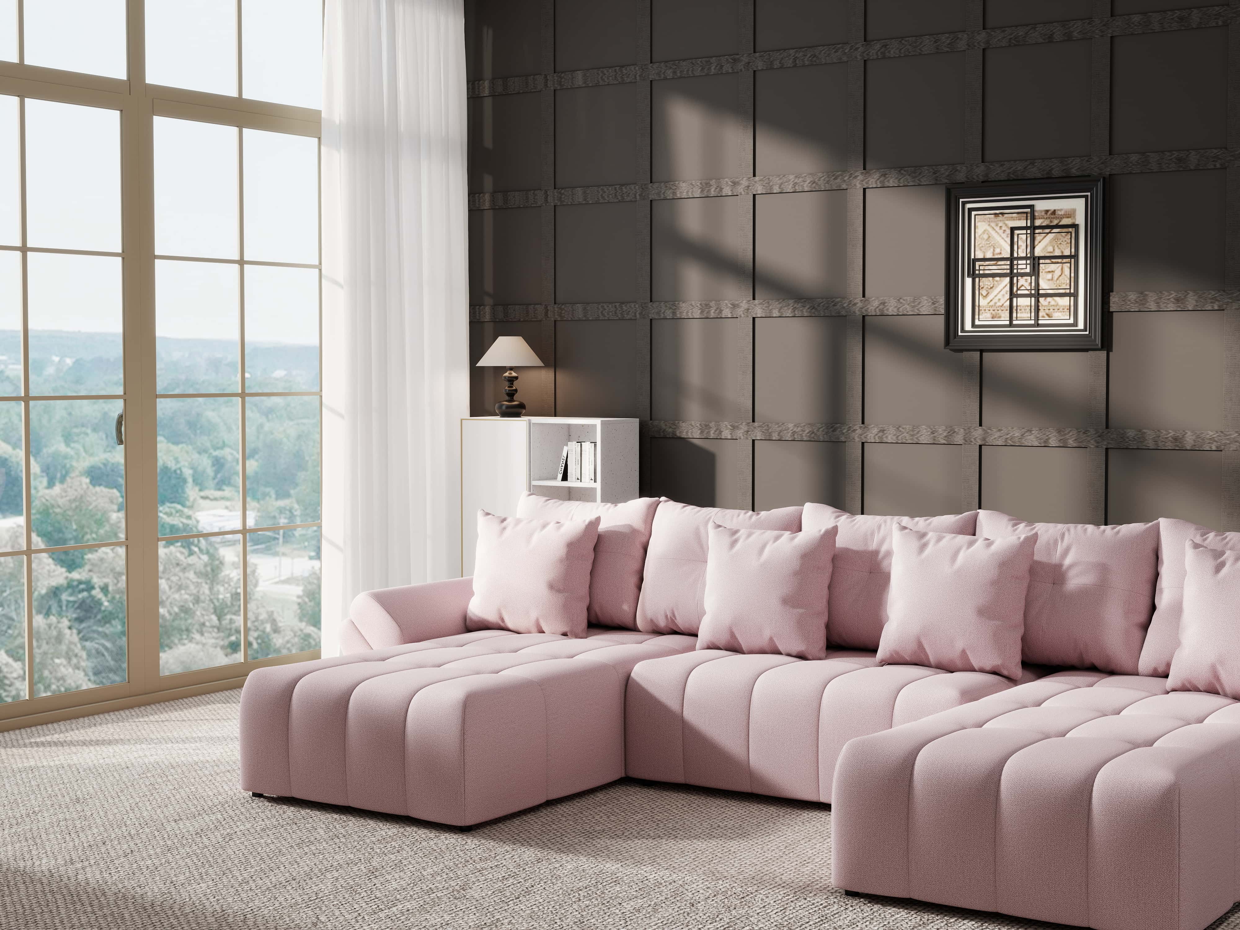 Colțar extensibil dumonde cu ladă de depozitare si sezut confortabil din spuma HR, Berlin U Enjoy Flamingo 380x180 cm Fabrica