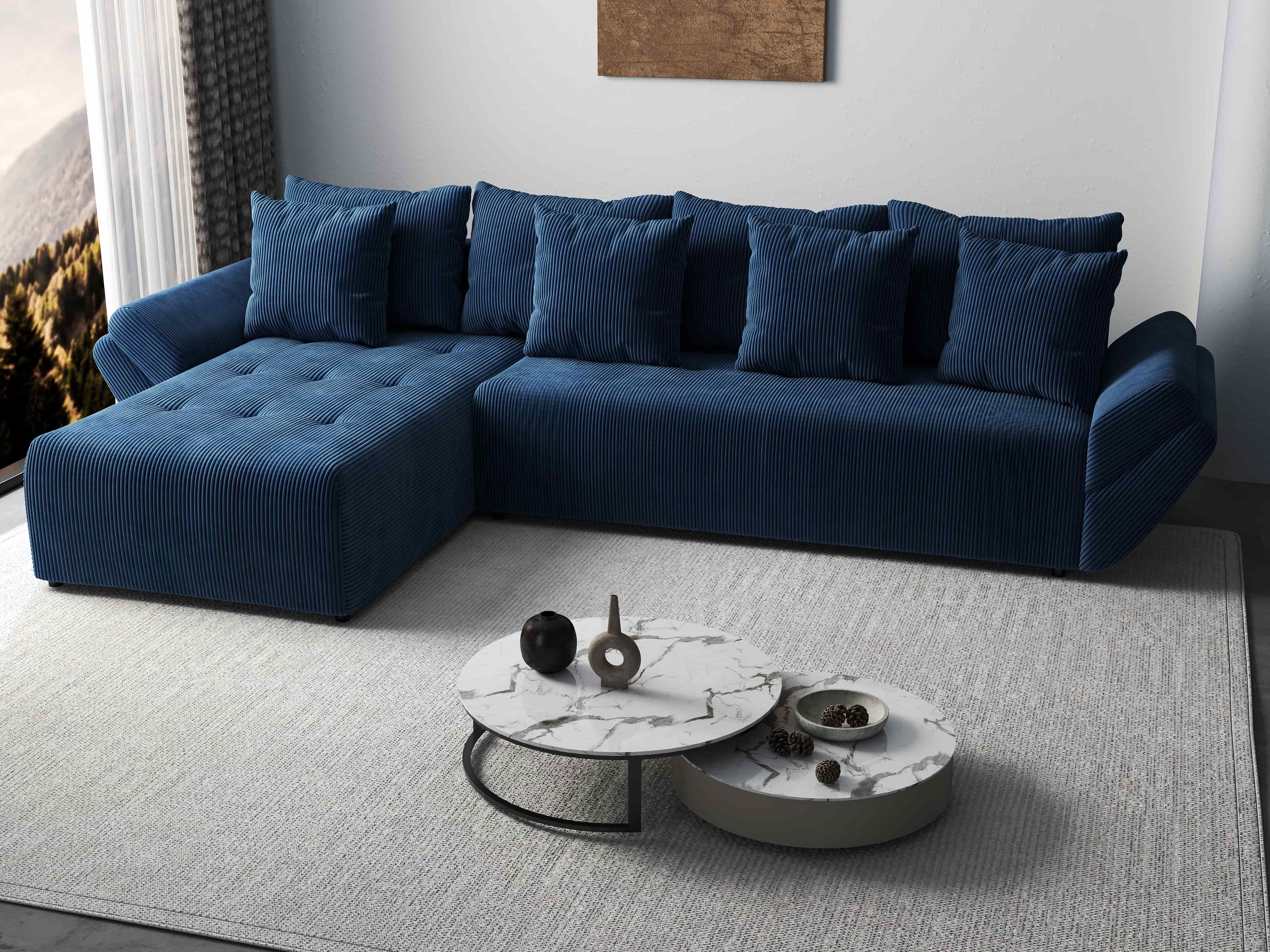 Colțar extensibil dumonde cu ladă de depozitare si sezut confortabil din spuma HR, Berlin XL Zoom Blue 350x185 cm Fabrica