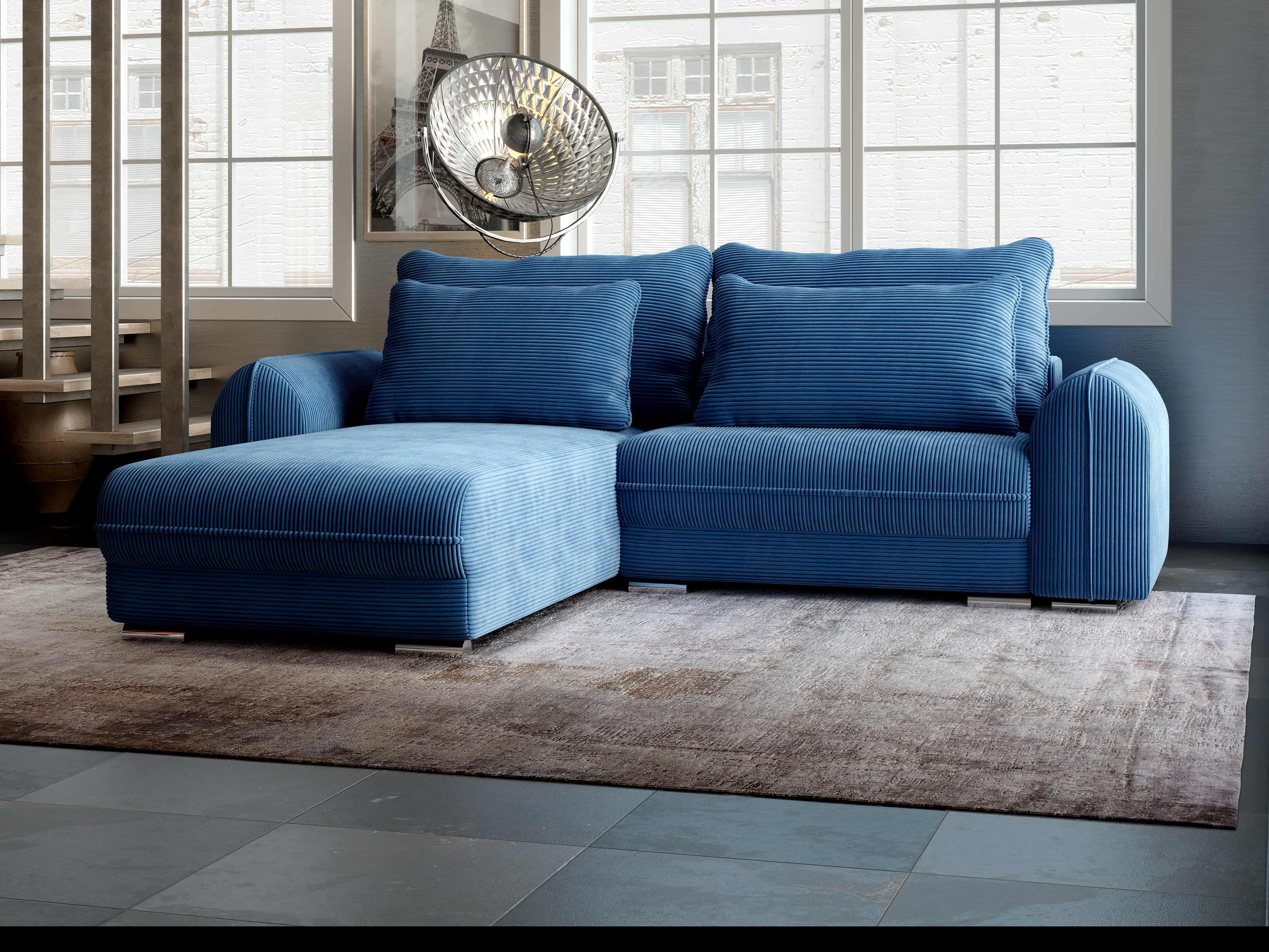 Colțar extensibil dumonde cu ladă de depozitare si sezut confortabil din spuma HR, Denver Zoom Albastru 275x185 cm Fabrica