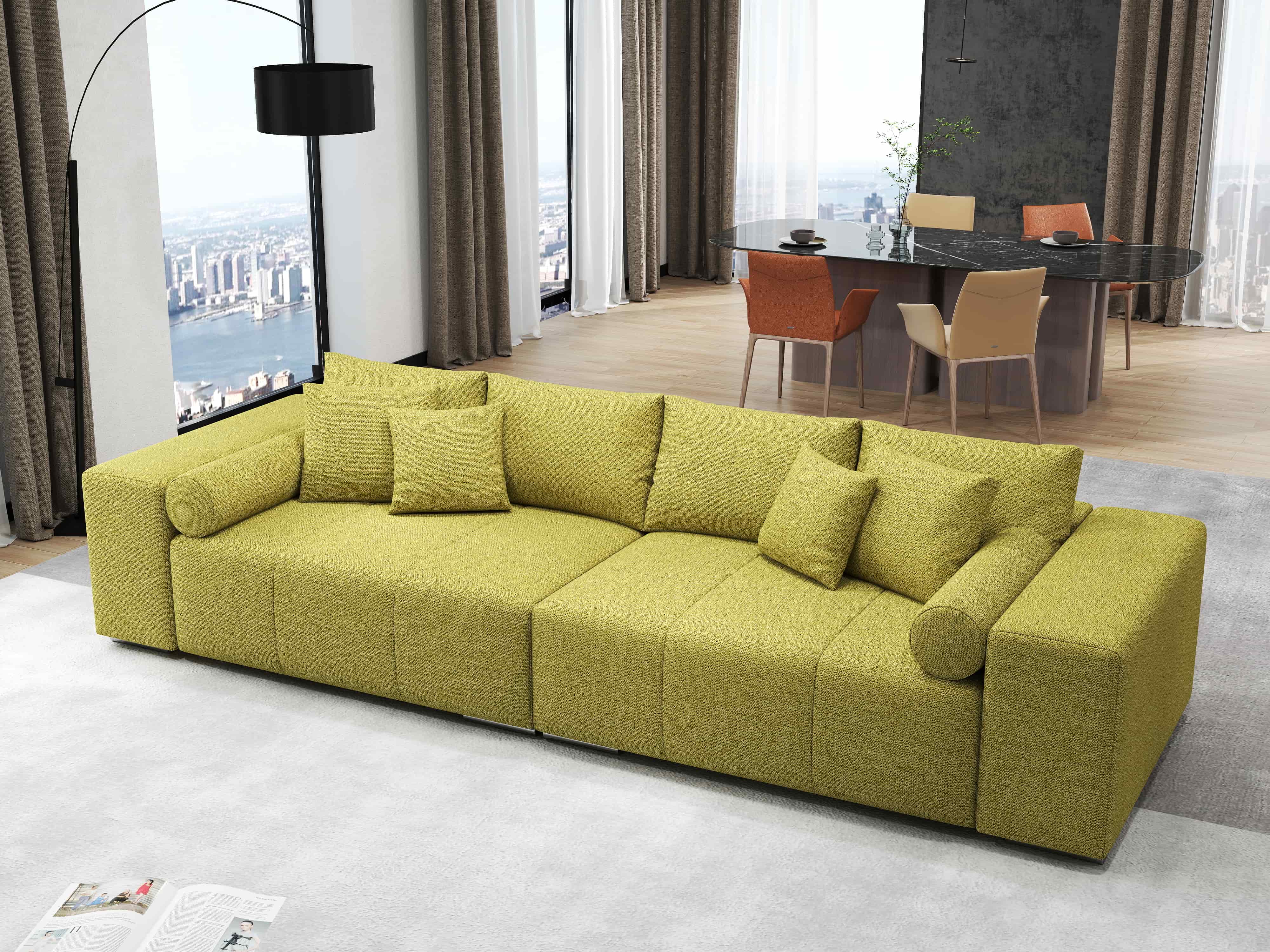 Canapea extensibilă dumonde cu ladă de depozitare si sezut confortabil din spuma HR, Marbela Green Lux XXL 295x100 cm Fabrica