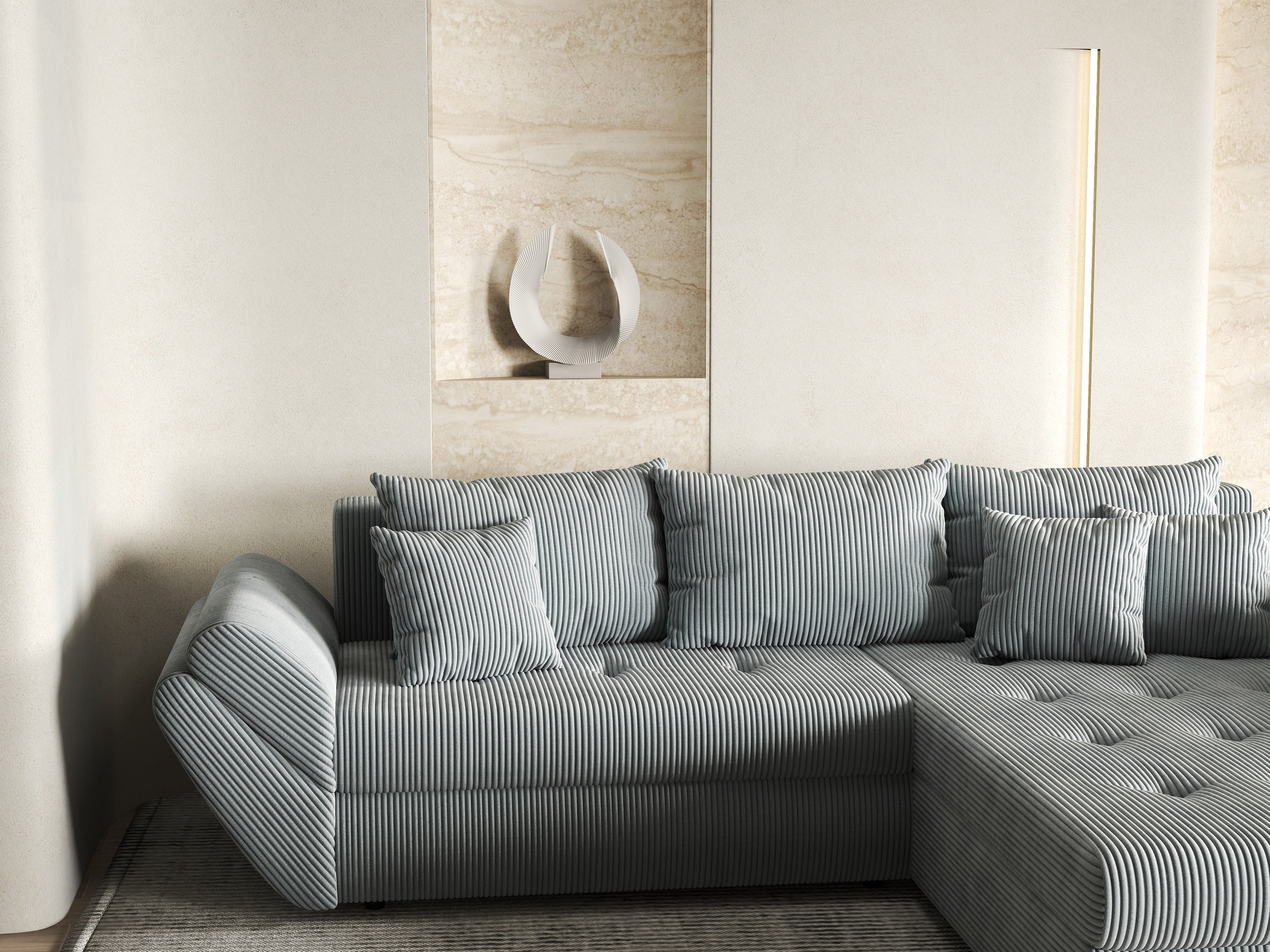 Colțar extensibil dumonde cu ladă de depozitare si sezut confortabil din spuma HR, Loana Zoom Grey II 270x185 cm Fabrica