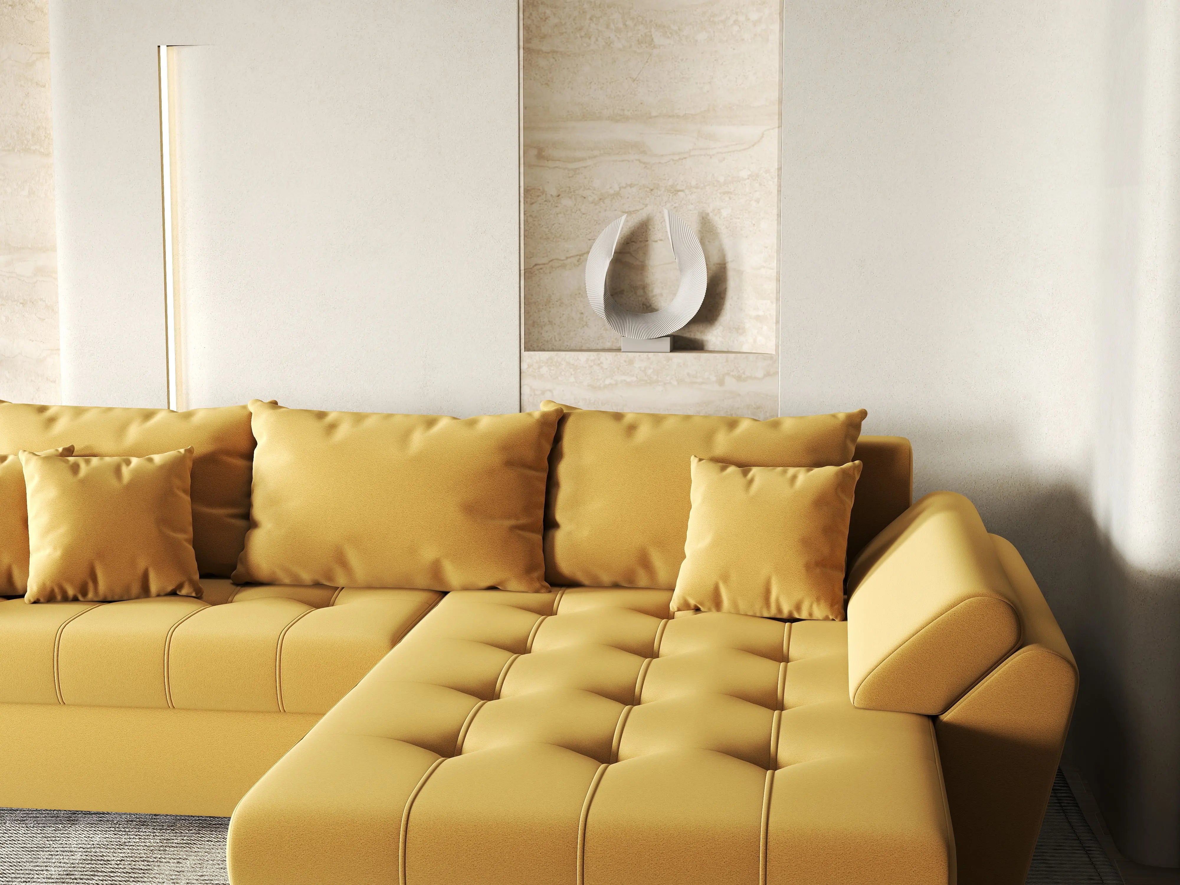 Colțar extensibil dumonde cu ladă de depozitare si sezut confortabil din spuma HR, Loana Muștar II 270x185 cm Fabrica