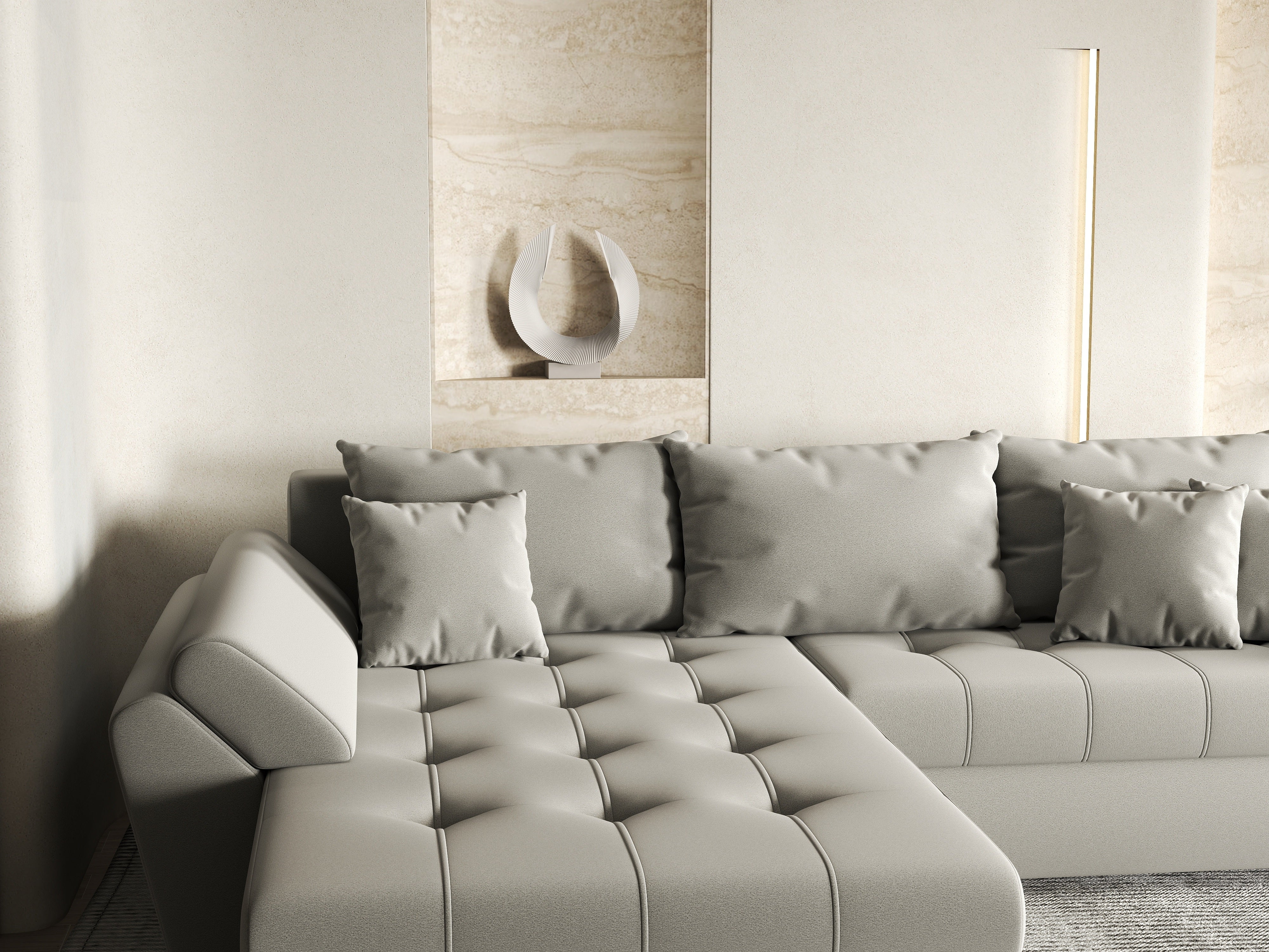 Colțar extensibil dumonde cu ladă de depozitare si sezut confortabil din spuma HR, Loana Royal Grey 270x185 cm Fabrica