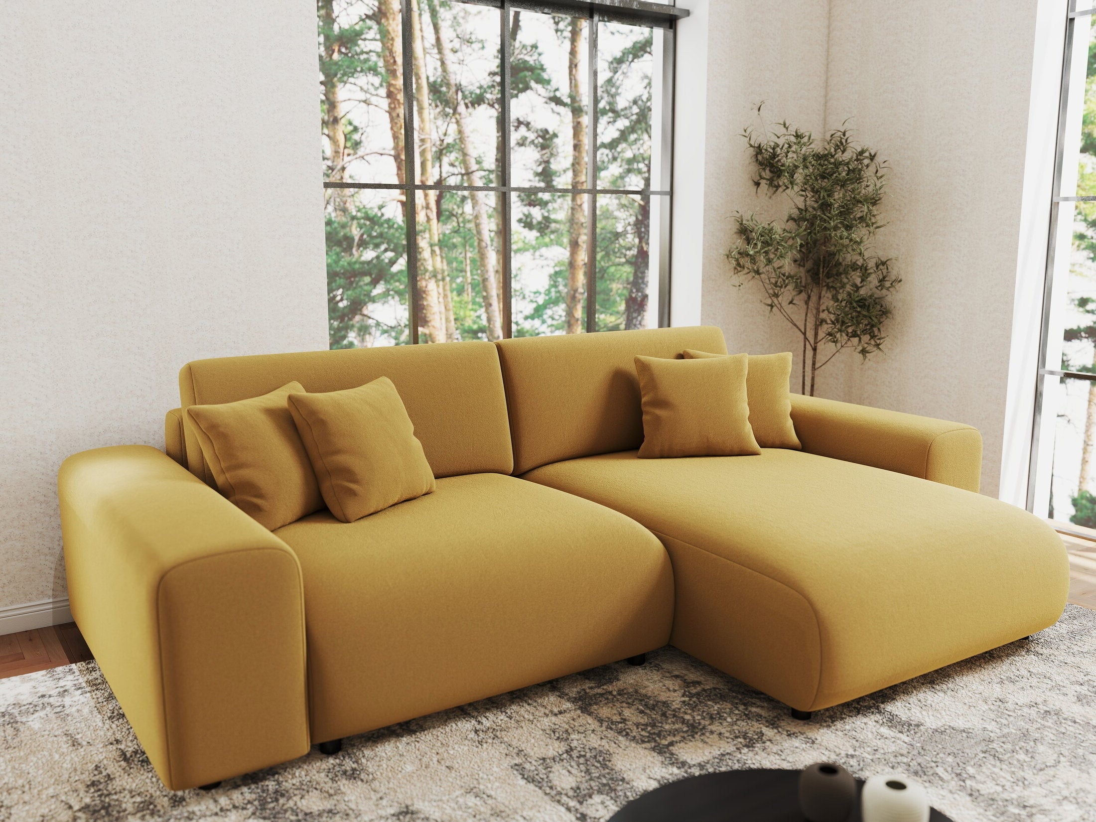 Colțar extensibil dumonde cu ladă de depozitare si sezut confortabil din spuma HR, Sarina Royal Mustar 255x168 cm II