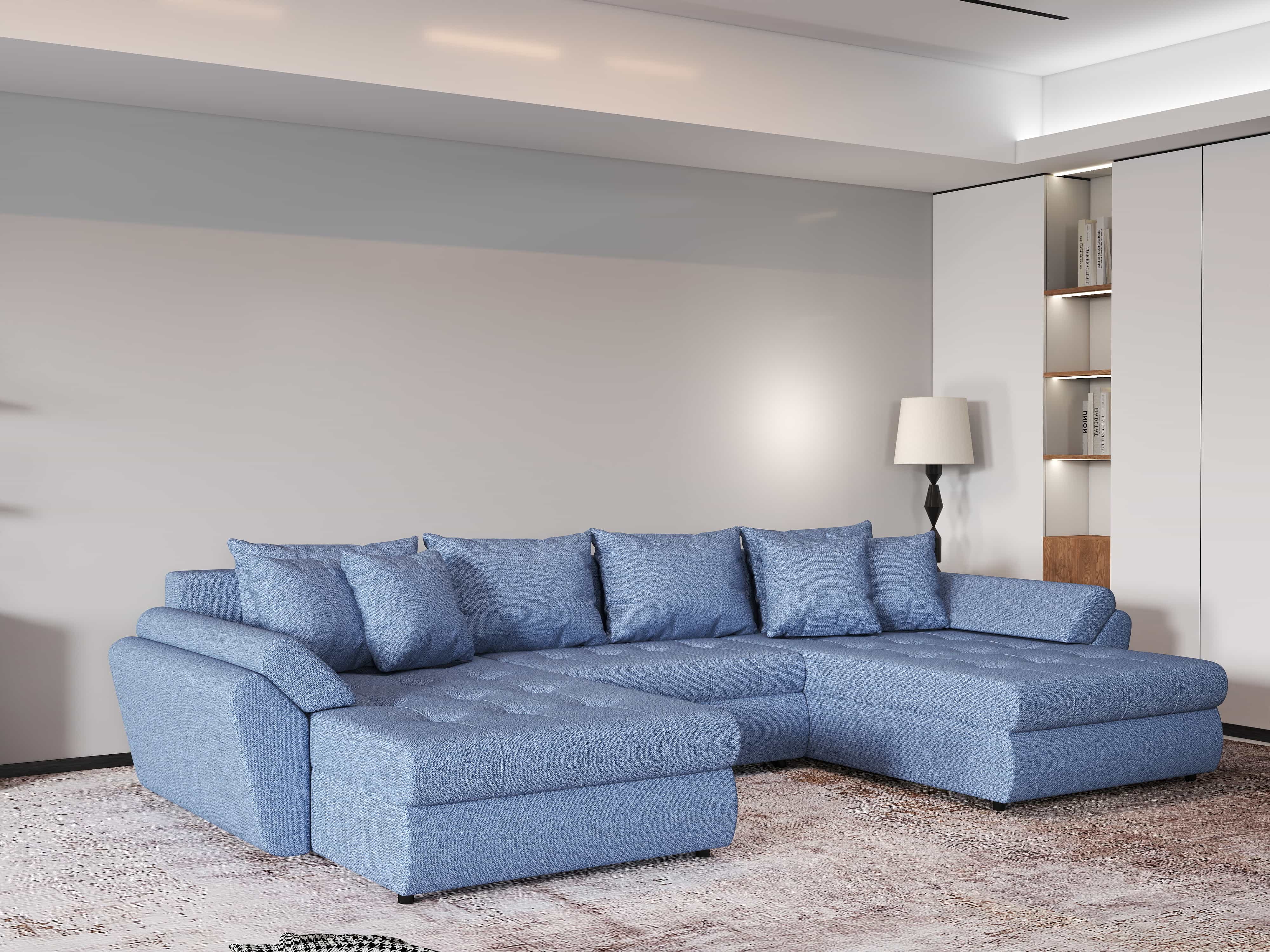 Colțar extensibil dumonde cu ladă de depozitare si sezut confortabil din spuma HR, Loana Blue U 355x185 cm Fabrica