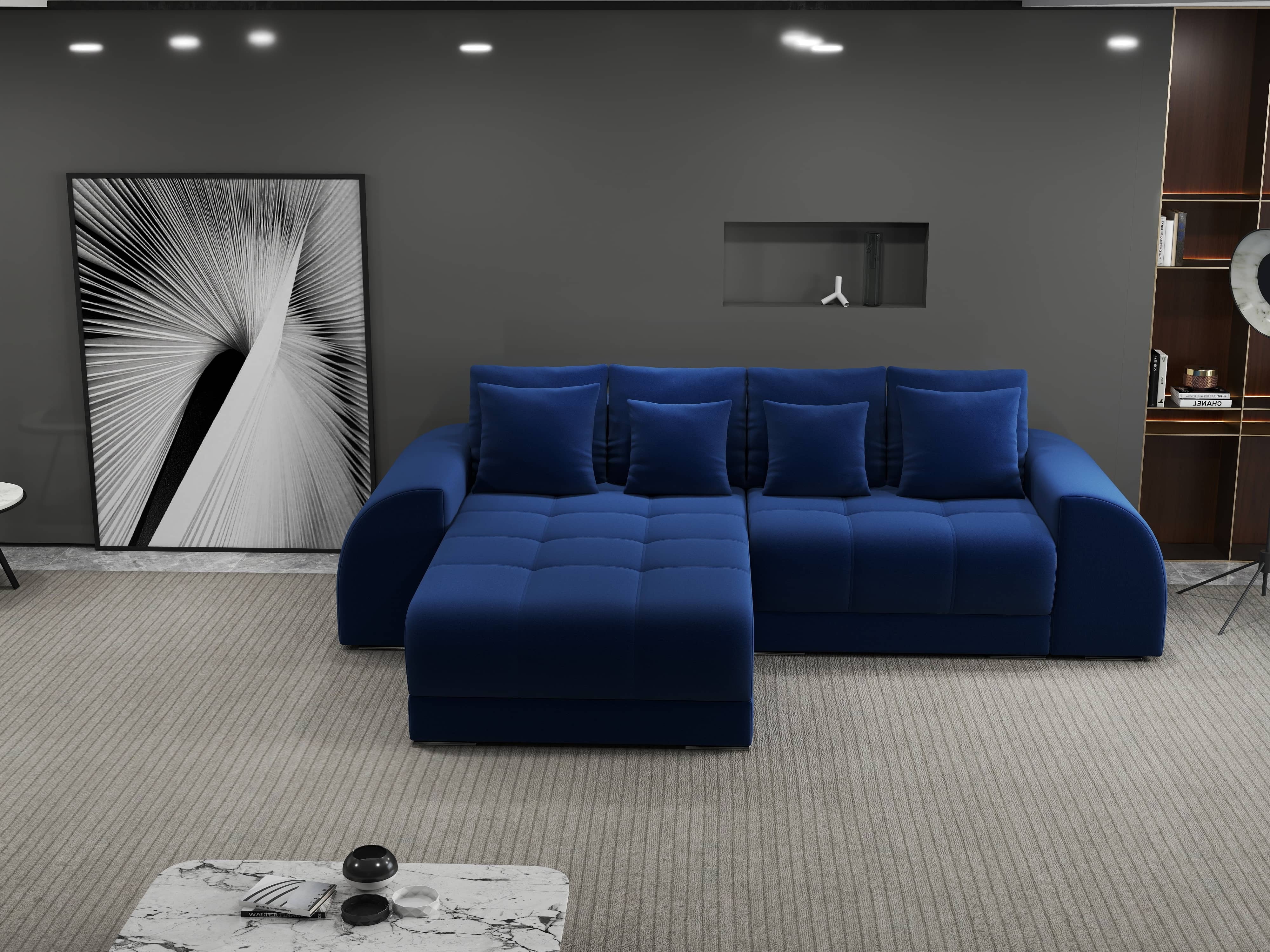 Colțar extensibil dumonde cu ladă de depozitare si sezut confortabil din spuma HR, Verona Royal Albastru 290x185 cm Fabrica