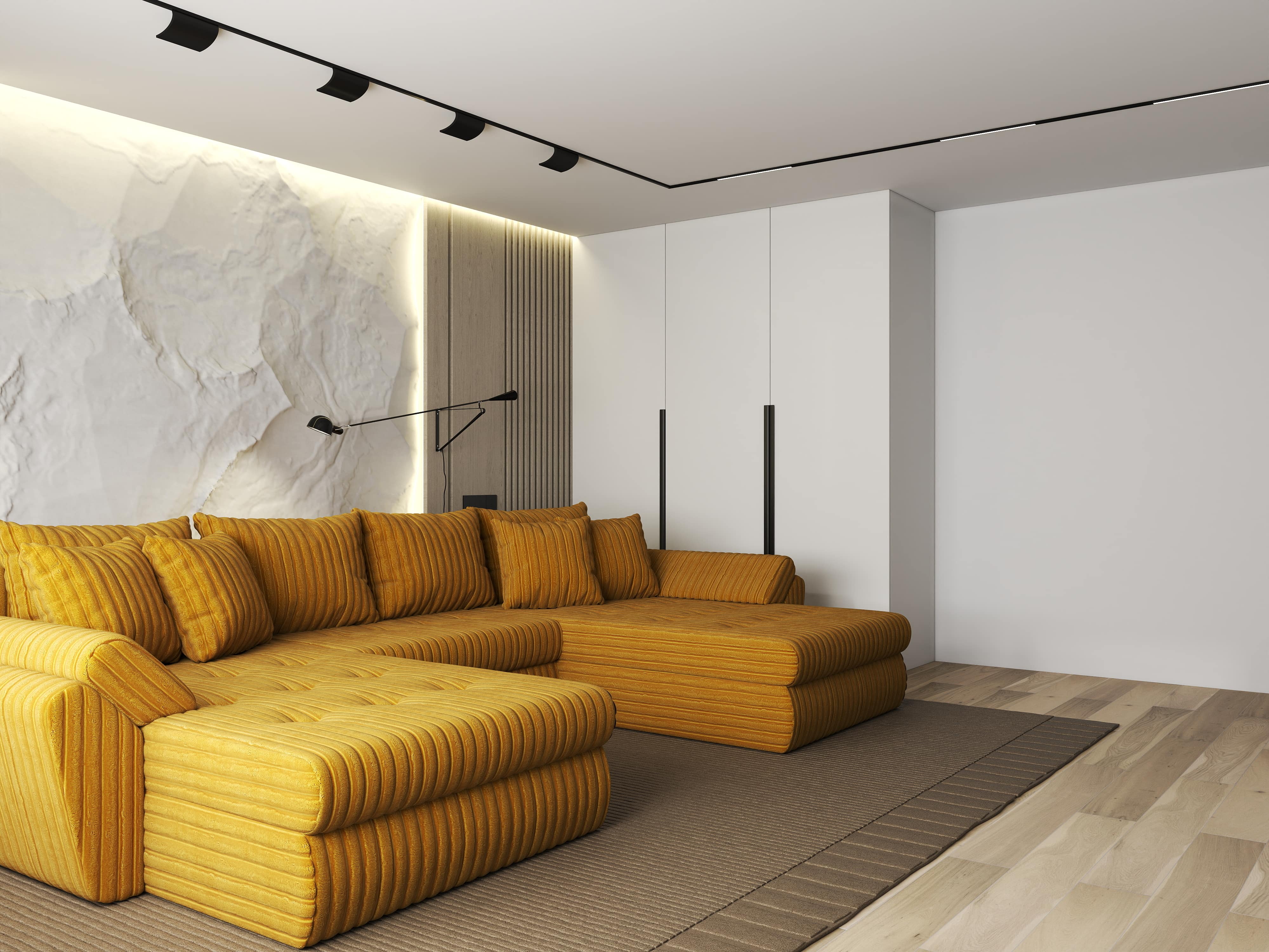 Colțar extensibil dumonde cu ladă de depozitare si sezut confortabil din spuma HR, Loana U Ambience Mustar 355x185 cm Fabrica