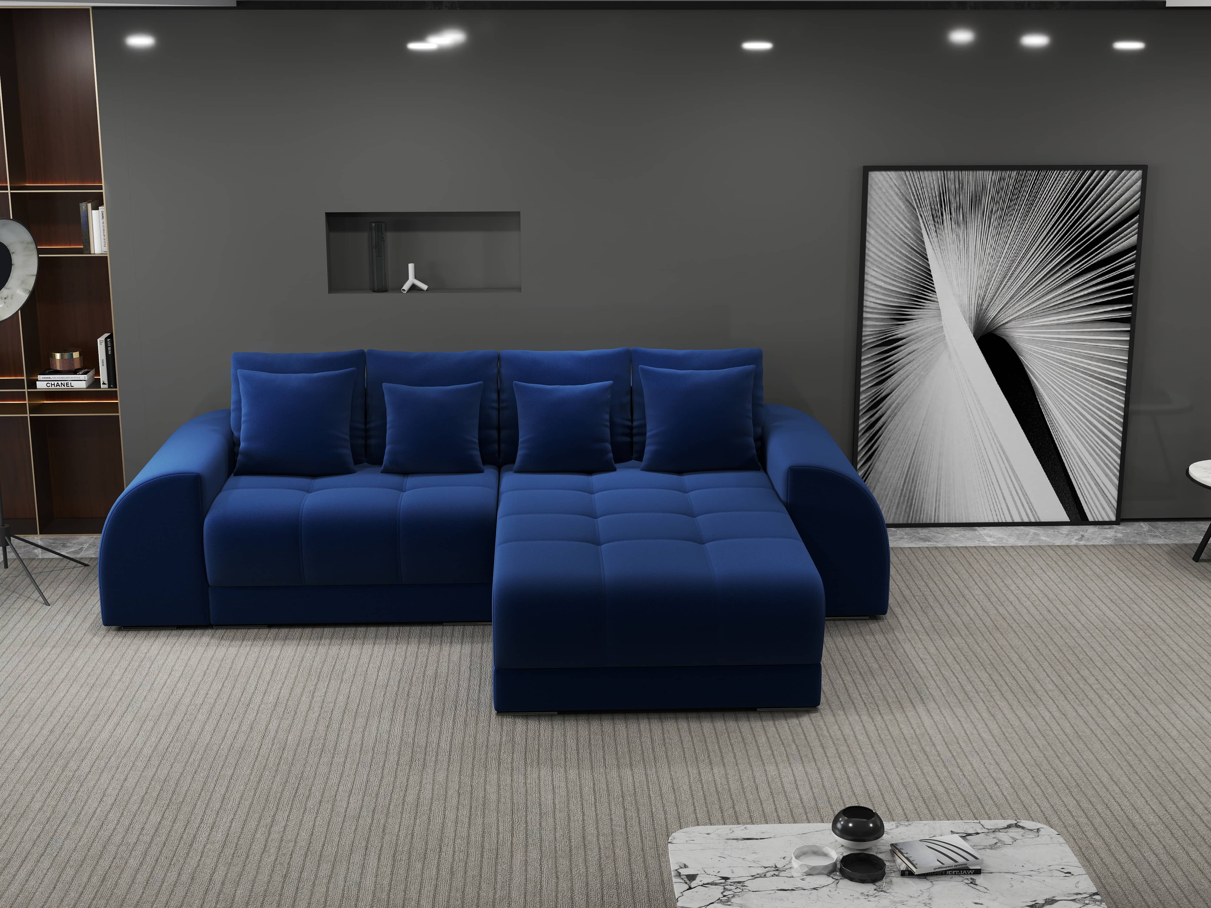 Colțar extensibil dumonde cu ladă de depozitare si sezut confortabil din spuma HR, Verona Royal Albastru II 290x185 cm Fabrica