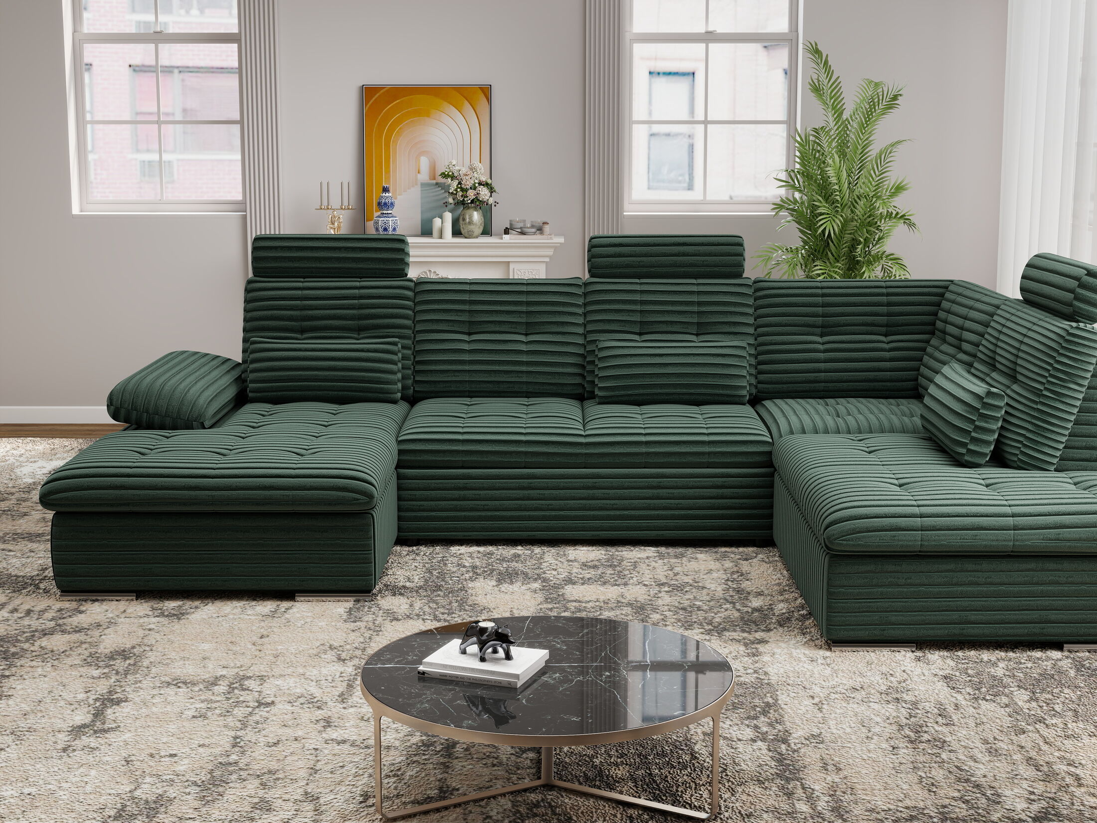 Colțar extensibil dumonde cu ladă de depozitare și șezut confortabil din spumă HR, Merkur U Ambience Verde 324x218 cm