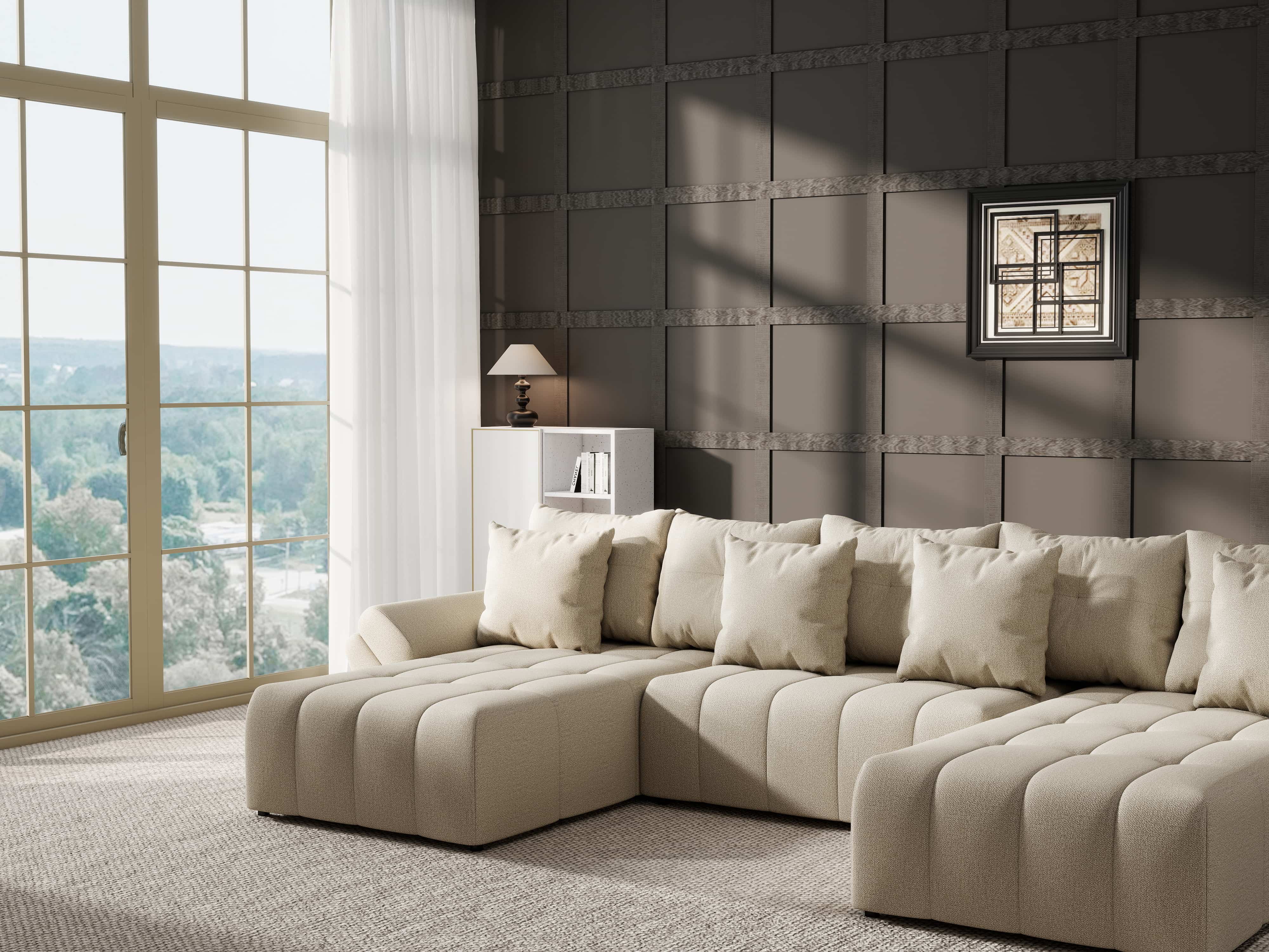 Colțar extensibil dumonde cu ladă de depozitare si sezut confortabil din spuma HR, Berlin U Enjoy Camel 380x180 cm Fabrica