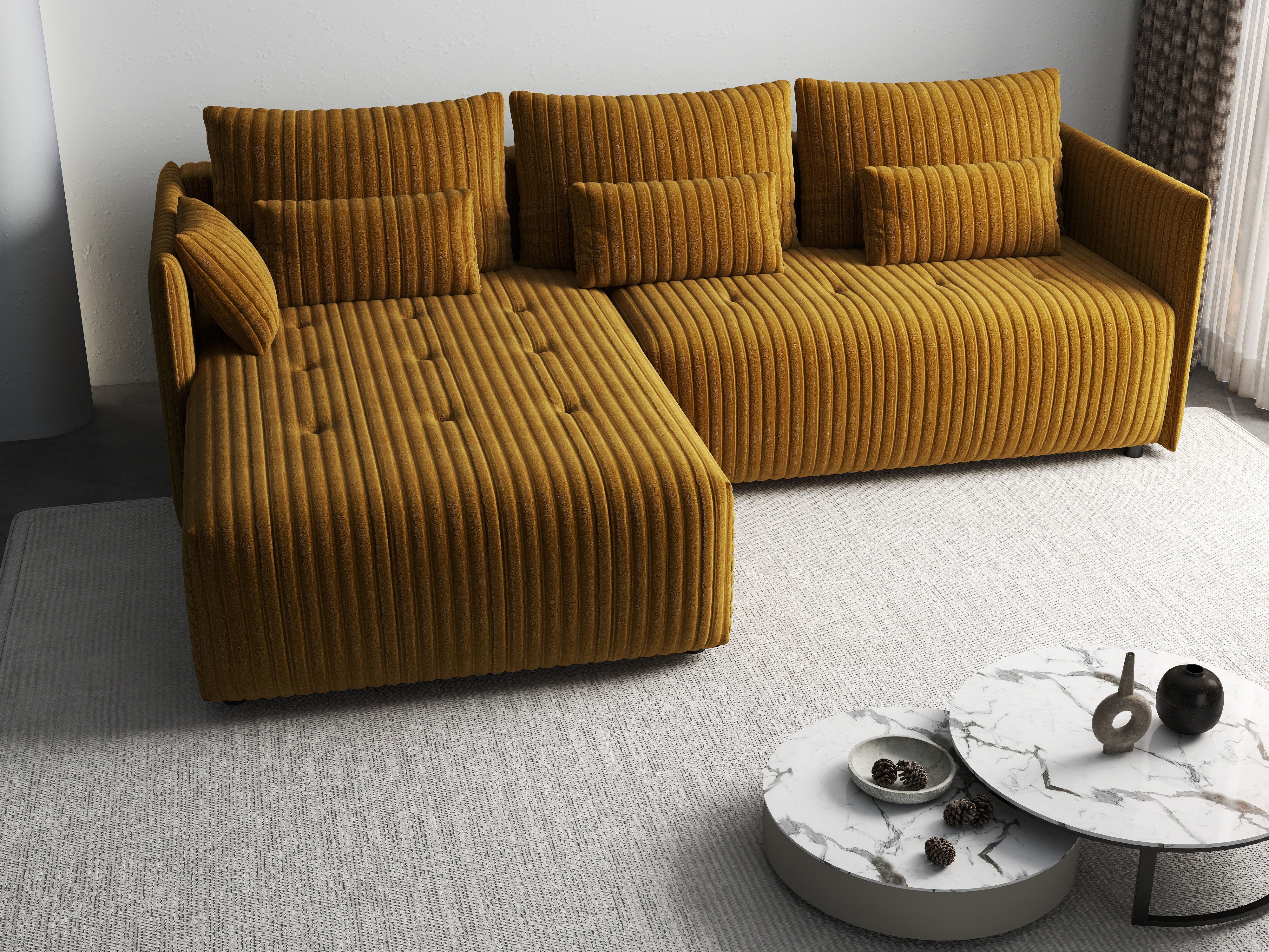 Colțar extensibil dumonde cu ladă de depozitare si sezut confortabil din spuma HR, Malta Ambience Mustard 235x185 cm Fabrica