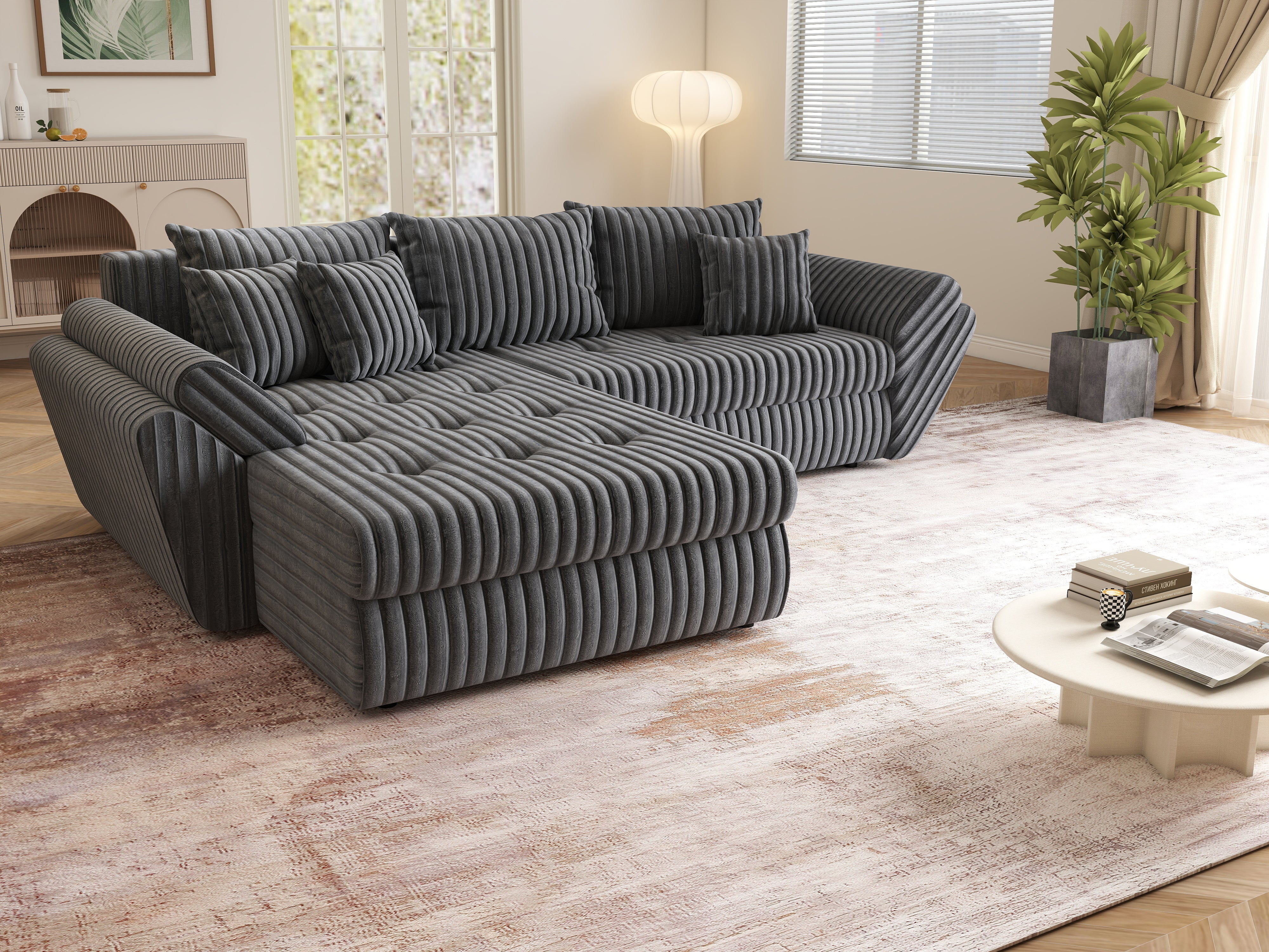 Colțar extensibil dumonde cu ladă de depozitare si sezut confortabil din spuma HR, Loana Ambience Antracit 270x185 cm Fabrica