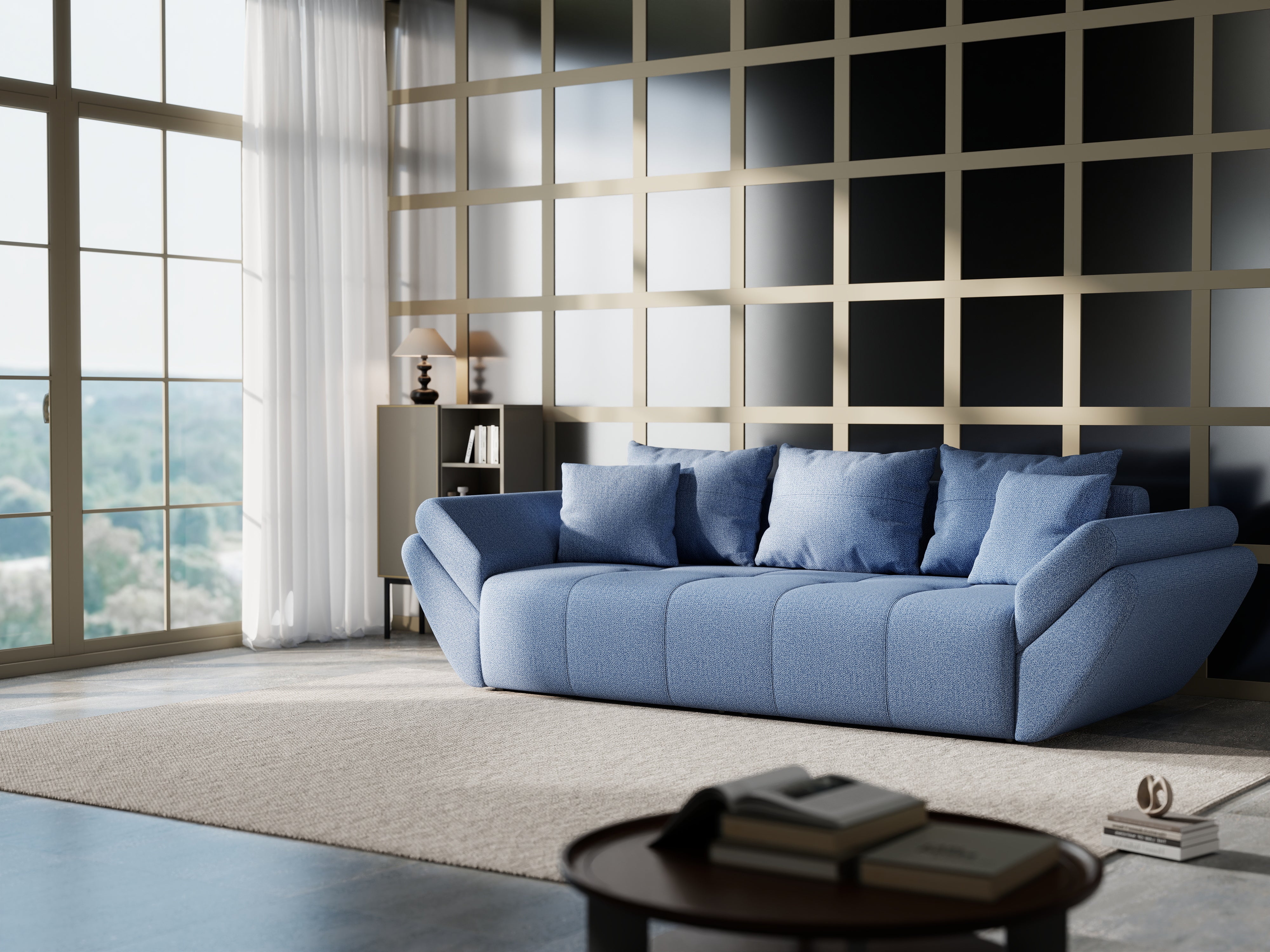 Canapea extensibilă dumonde cu ladă de depozitare si sezut confortabil din spuma HR, Berlin Enjoy Blue 250x100 cm Fabrica