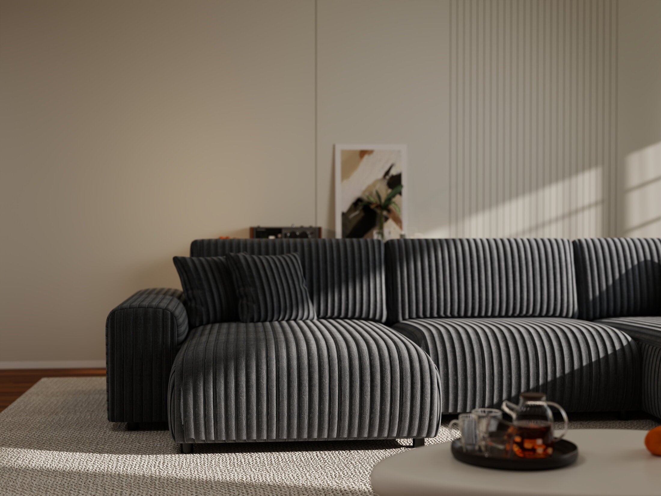 Colțar extensibil dumonde cu ladă de depozitare si sezut confortabil din spuma HR, Sarina U Ambience Gri 350x168 cm