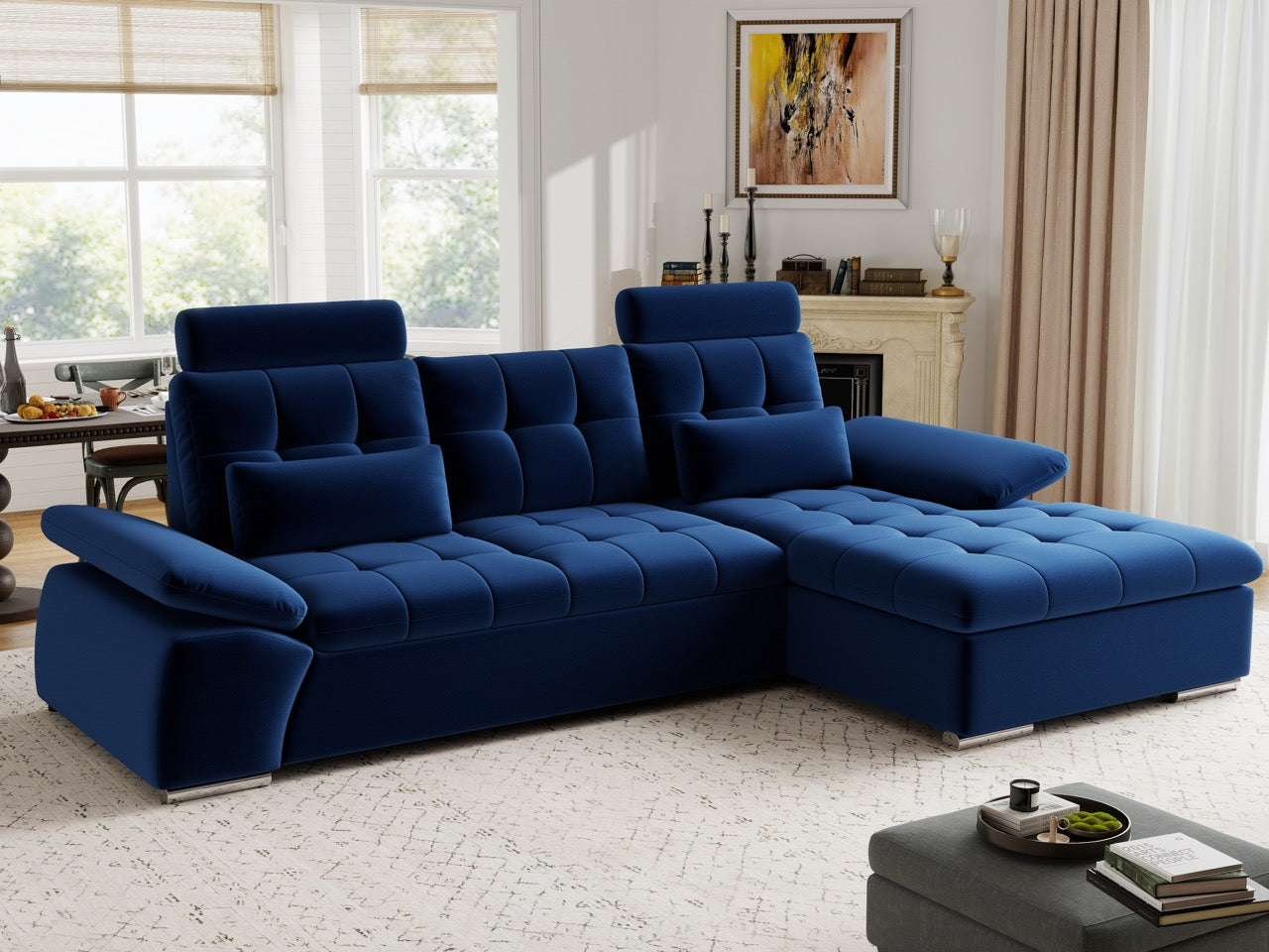 Colțar extensibil dumonde cu ladă de depozitare și șezut confortabil din spumă HR, Merkur Royal Albastru Navy 270x168 cm II