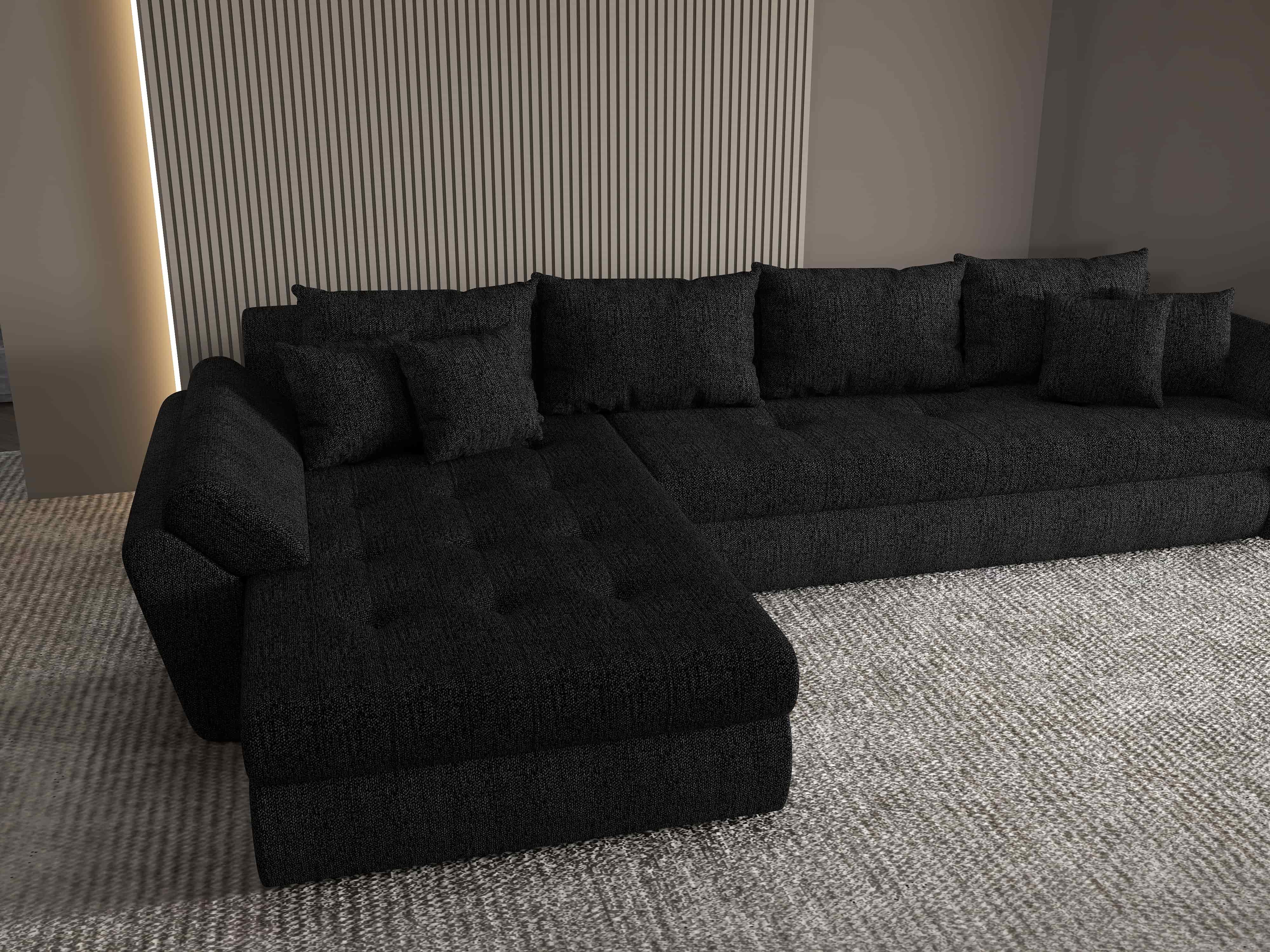 Colțar extensibil dumonde cu ladă de depozitare si sezut confortabil din spuma HR, Loana XL Enjoy Negru 335x185 cm Fabrica