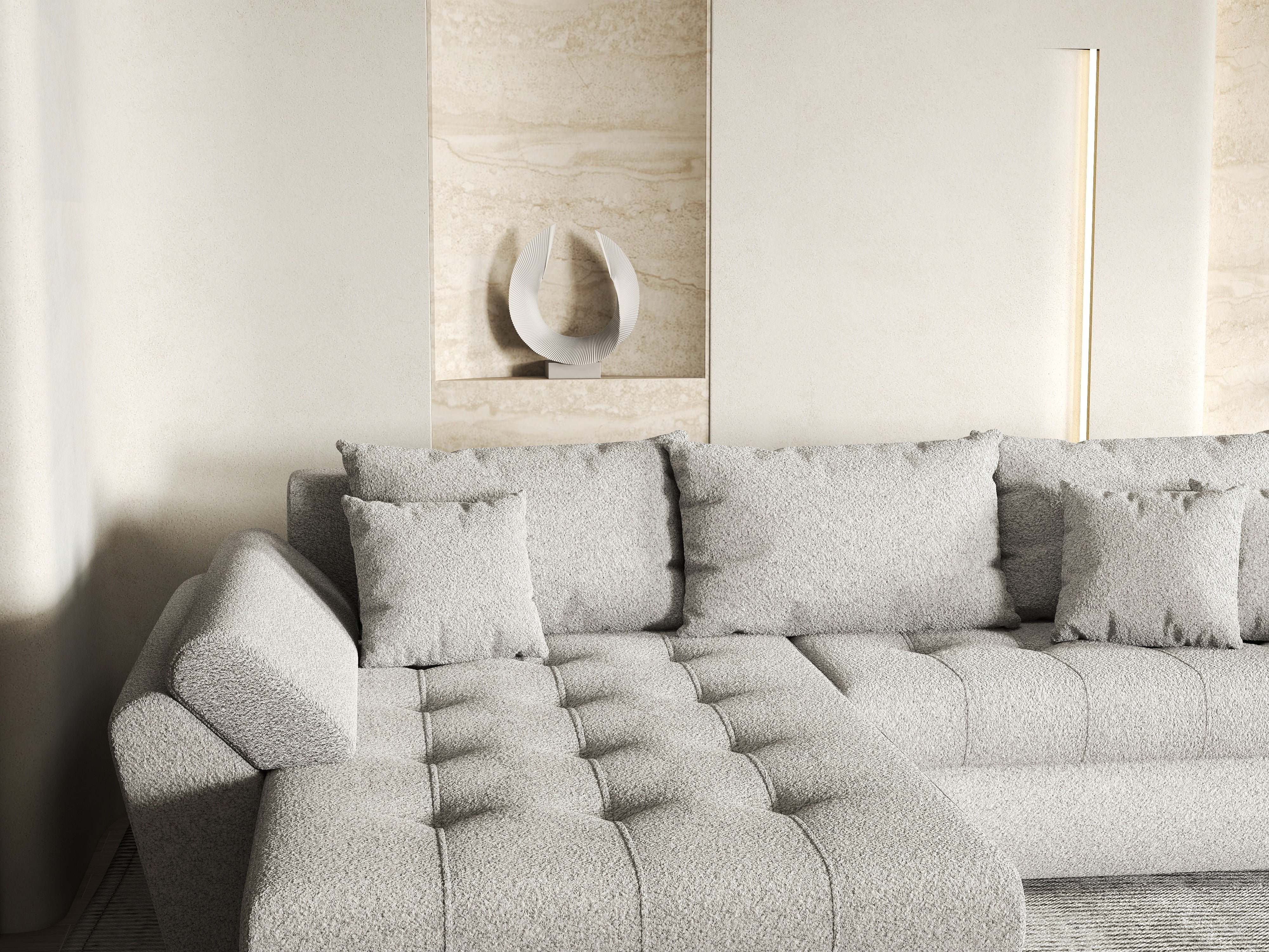 Colțar extensibil dumonde cu ladă de depozitare si sezut confortabil din spuma HR, Loana Euphoria Dove 270x185 cm Fabrica