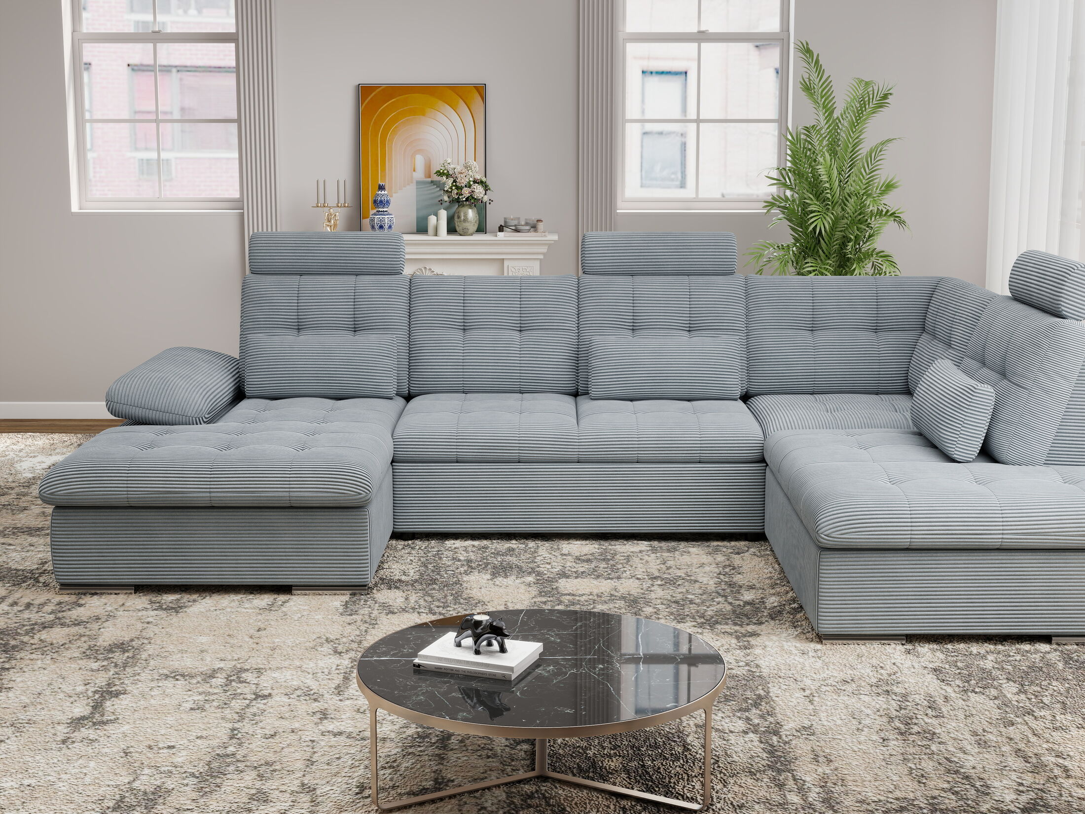 Colțar extensibil dumonde cu ladă de depozitare și șezut confortabil din spumă HR, Merkur U Zoom Gri Mint 324x218 cm