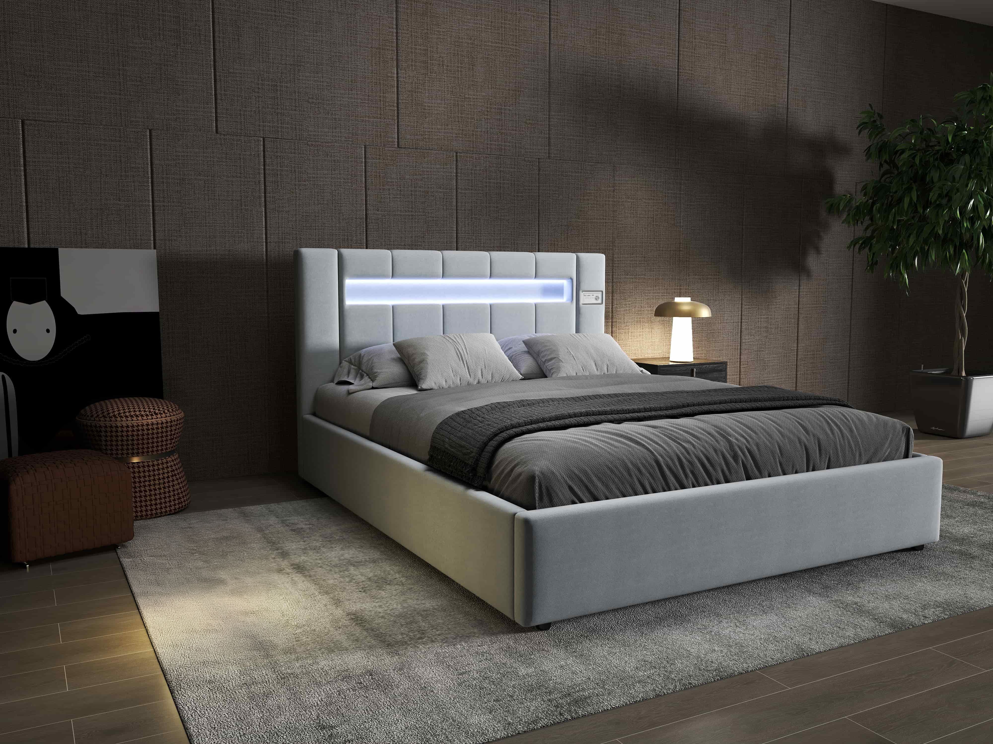 Pat dormitor dumonde, tapitat gri, Glow 180x200 cm, somiera rabatabila inclusa, spatiu depozitare WLS