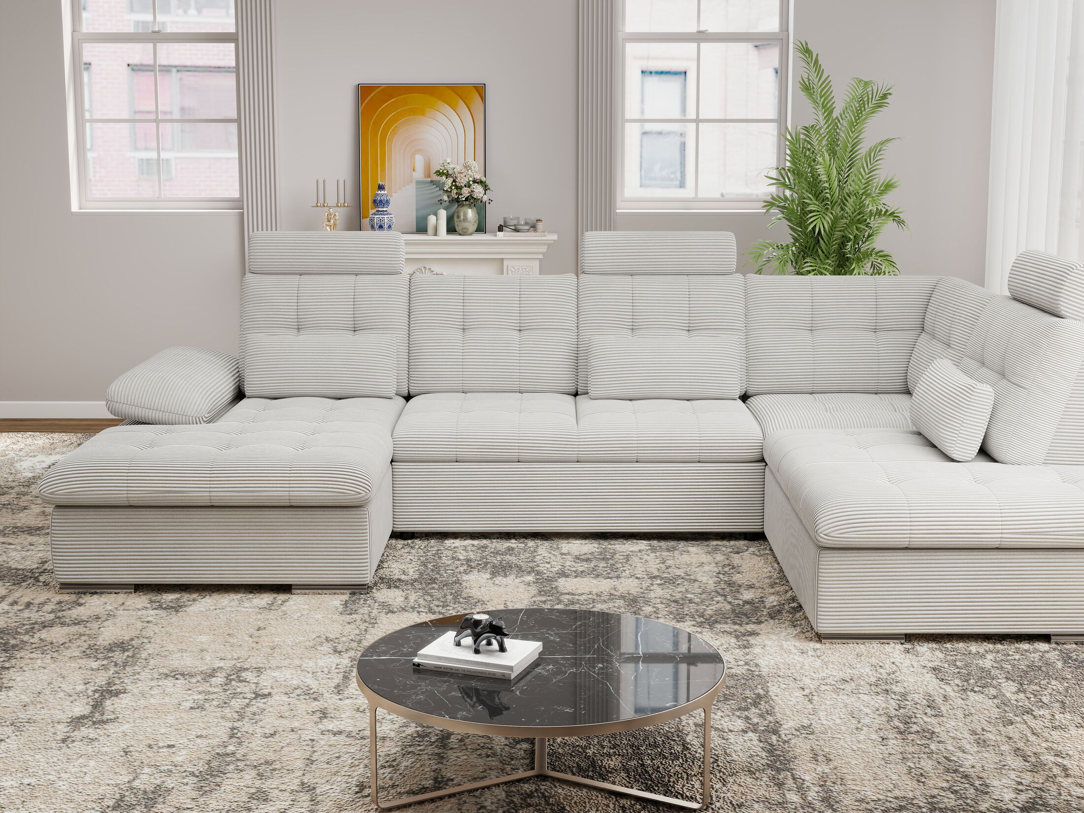 Colțar extensibil dumonde cu ladă de depozitare și șezut confortabil din spumă HR, Merkur U Zoom Gri 324x218 cm