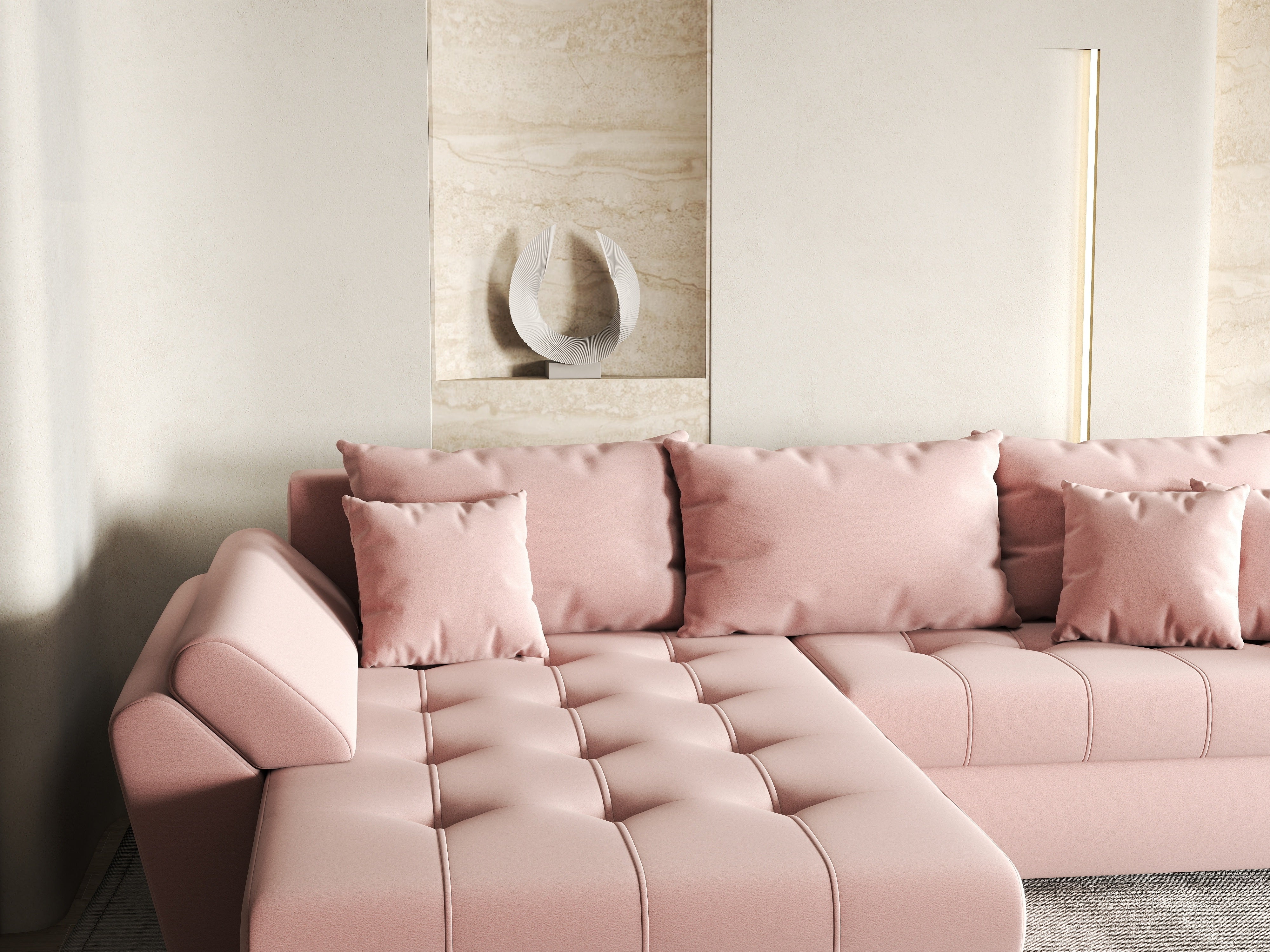 Colțar extensibil dumonde cu ladă de depozitare si sezut confortabil din spuma HR, Loana Royal Pink 270x185 cm Fabrica