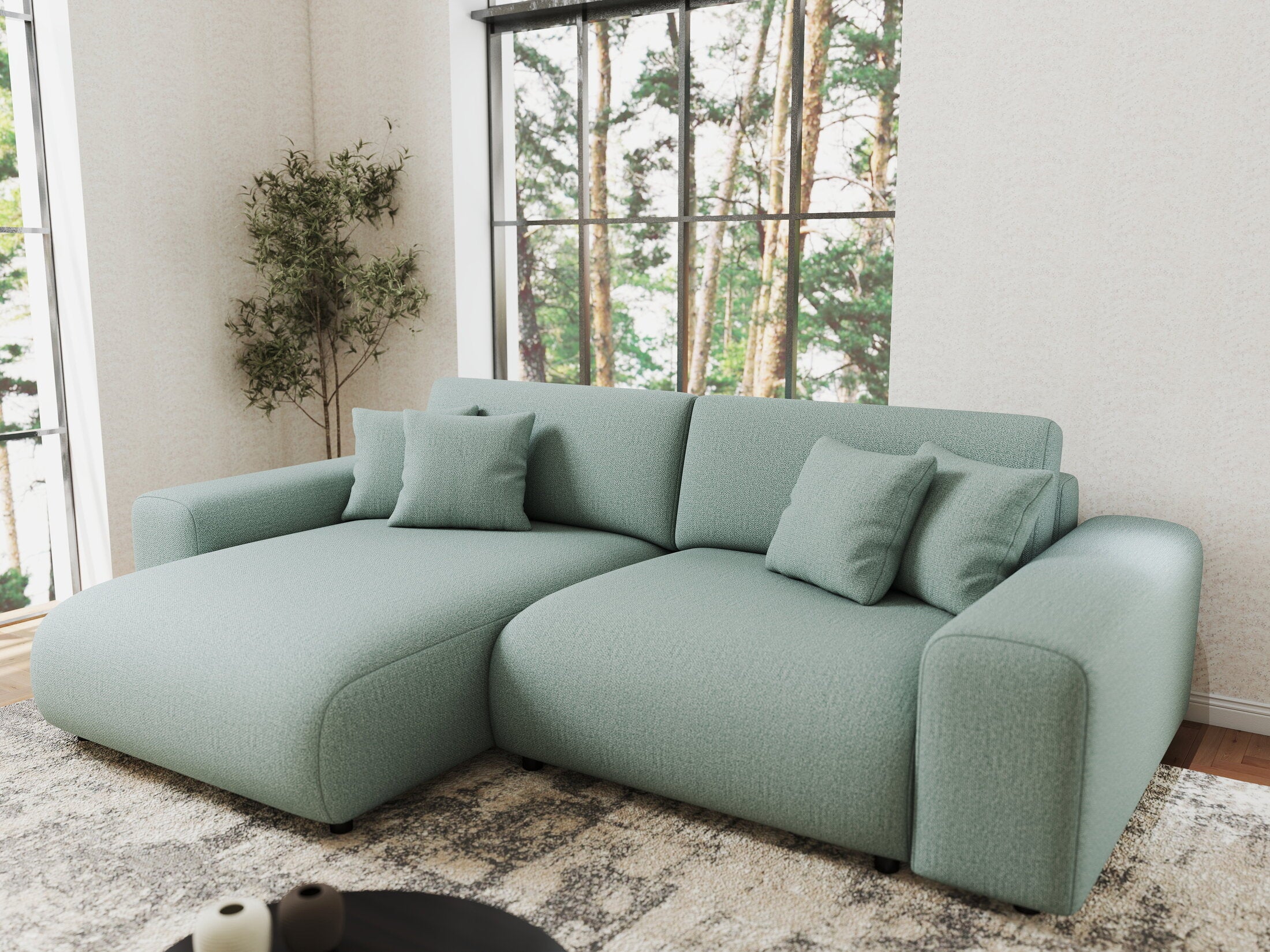 Colțar extensibil dumonde cu ladă de depozitare si sezut confortabil din spuma HR, Sarina Enjoy Verde Mint 255x168 cm