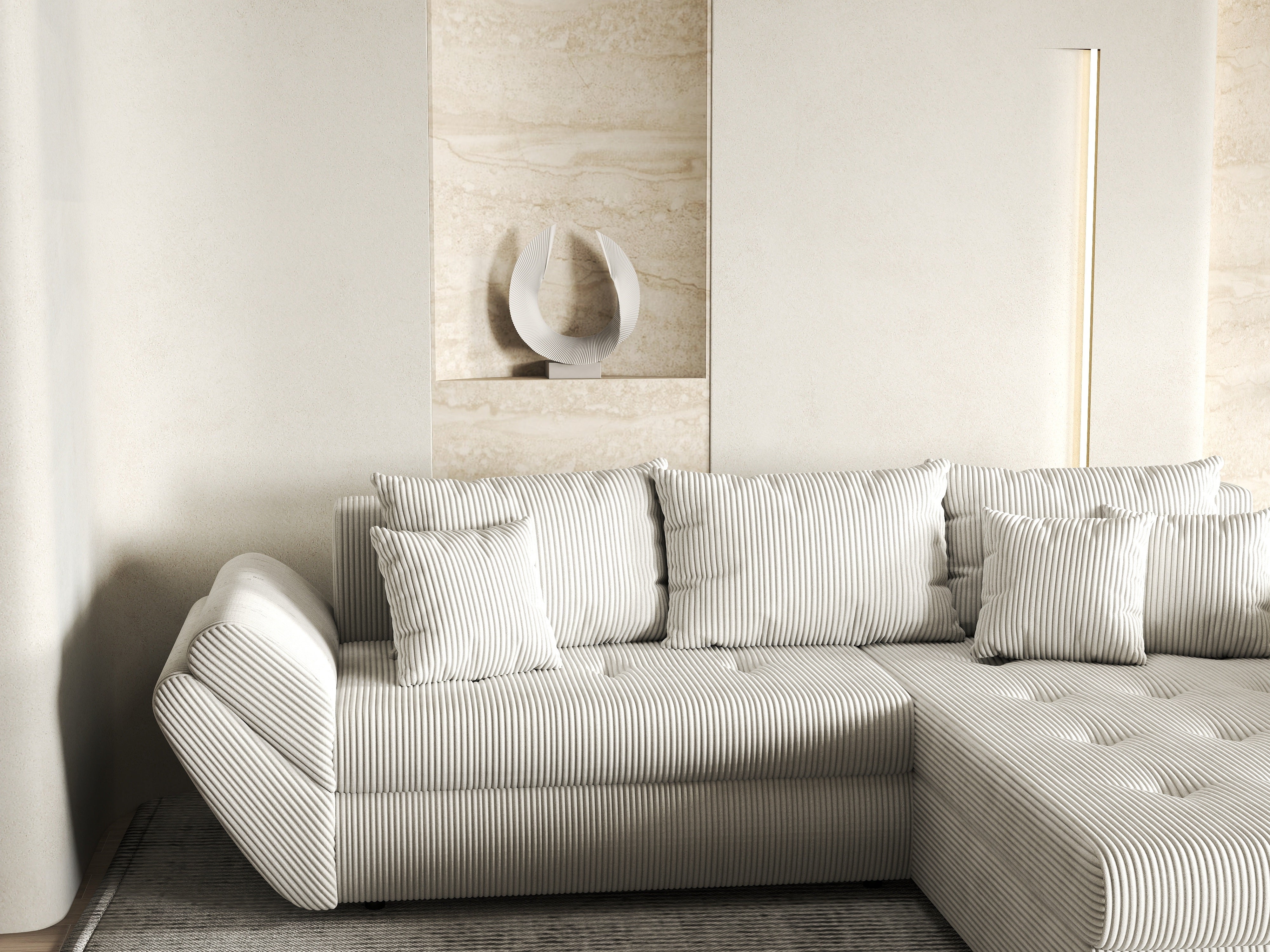 Colțar extensibil dumonde cu ladă de depozitare si sezut confortabil din spuma HR, Loana Zoom Crem II 270x185 cm Fabrica