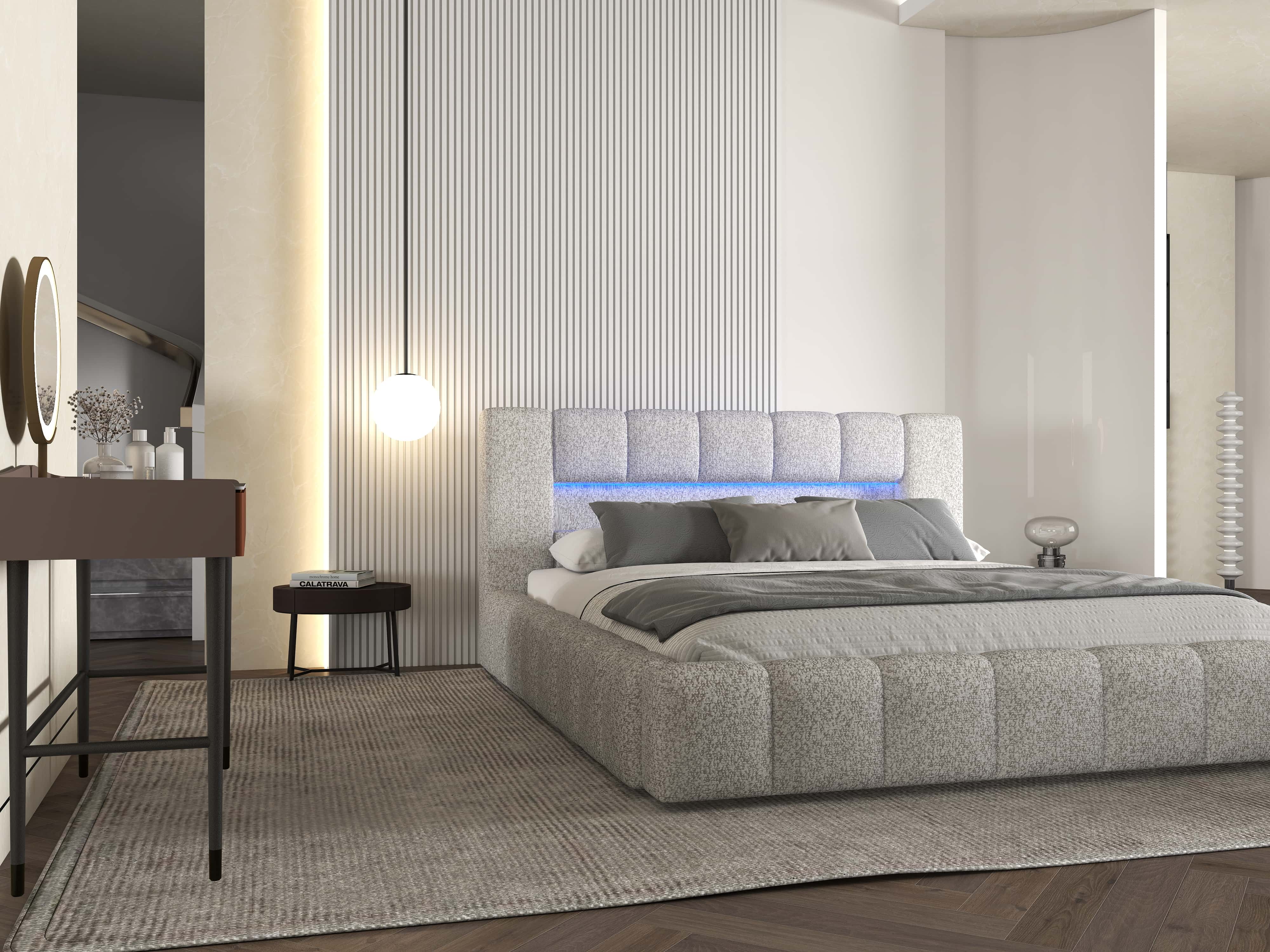 Pat dormitor dumonde, tapitat gri cu LED si USB, Palermo 160x200 cm, somiera rabatabila inclusa, spatiu depozitare WLS