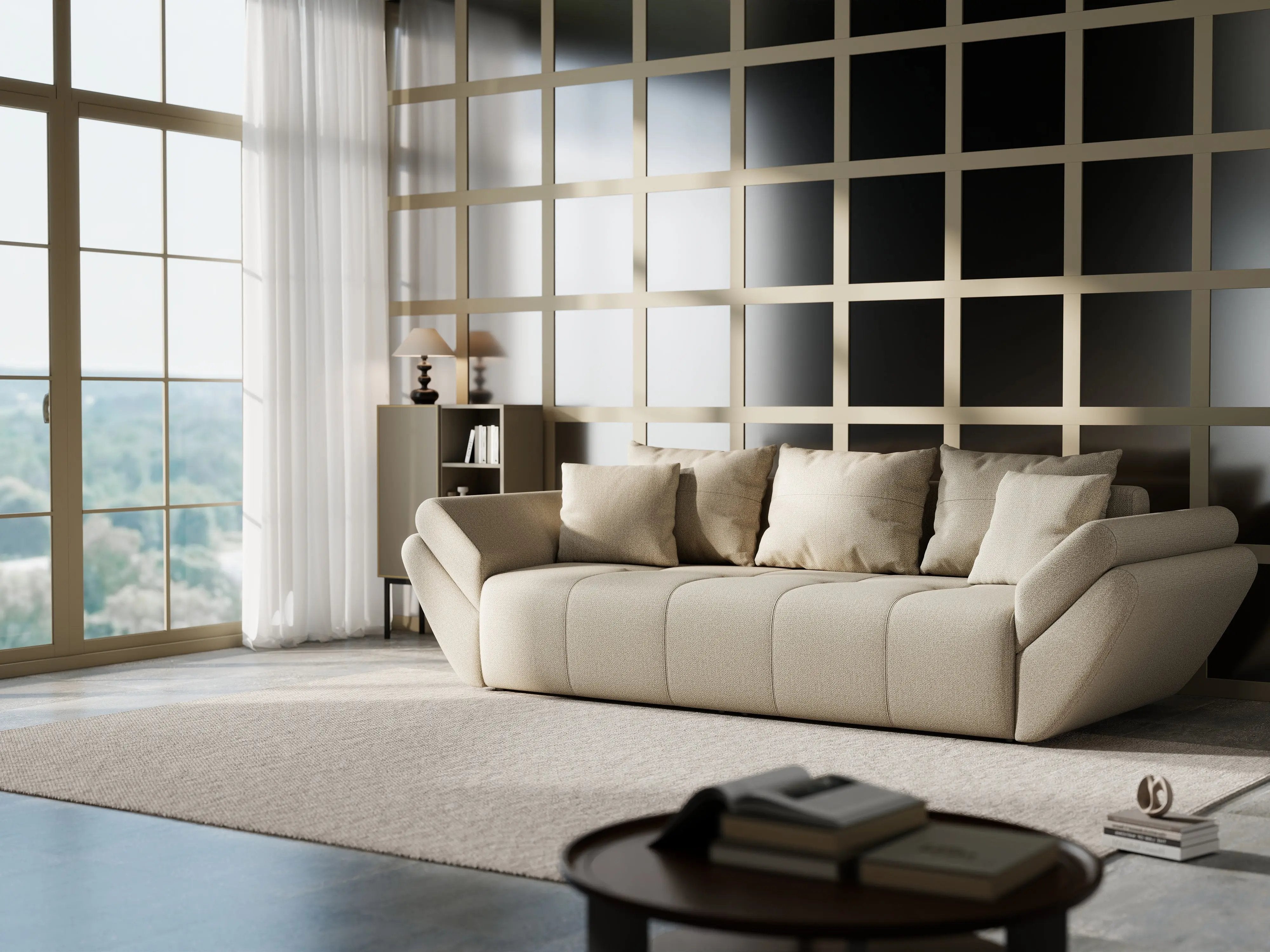 Canapea extensibilă dumonde cu ladă de depozitare si sezut confortabil din spuma HR, Berlin Enjoy Camel 250x100 cm Fabrica