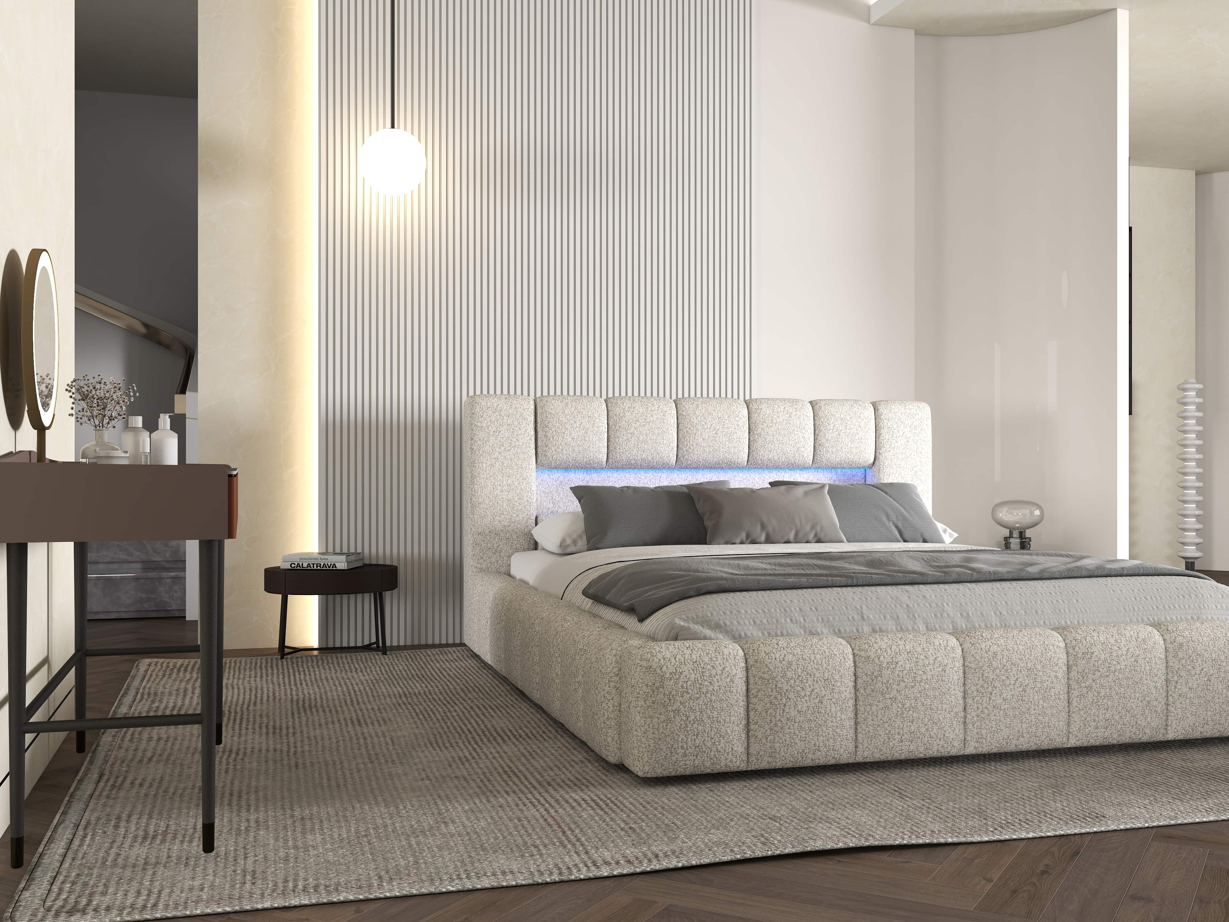 Pat dormitor dumonde, tapitat alb cu LED si USB, Palermo 180x200 cm, somiera rabatabila inclusa, spatiu depozitare WLS