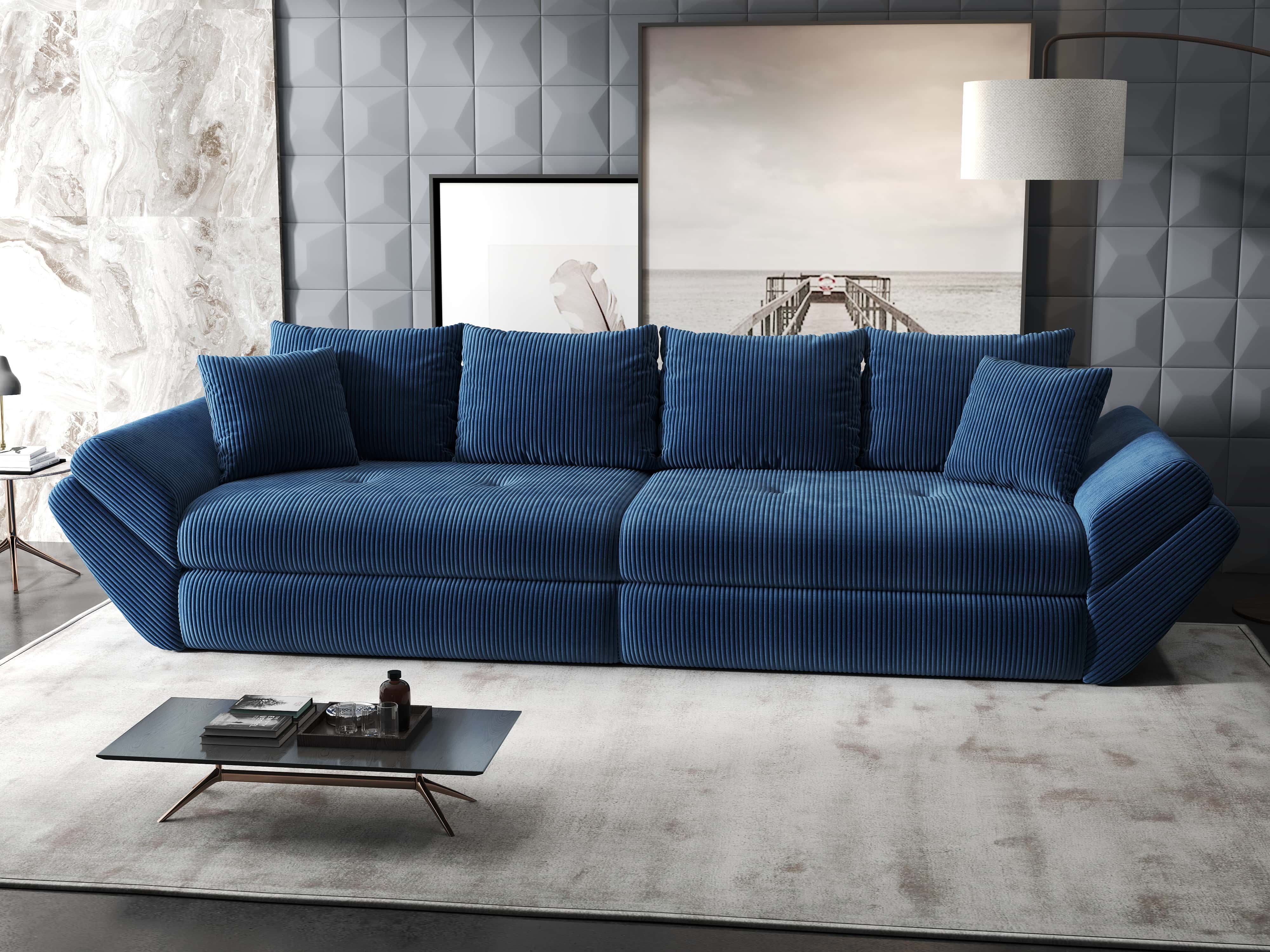 Canapea extensibilă dumonde cu ladă de depozitare si sezut confortabil din spuma HR, Loana Zoom Albastru 300x100 cm Fabrica