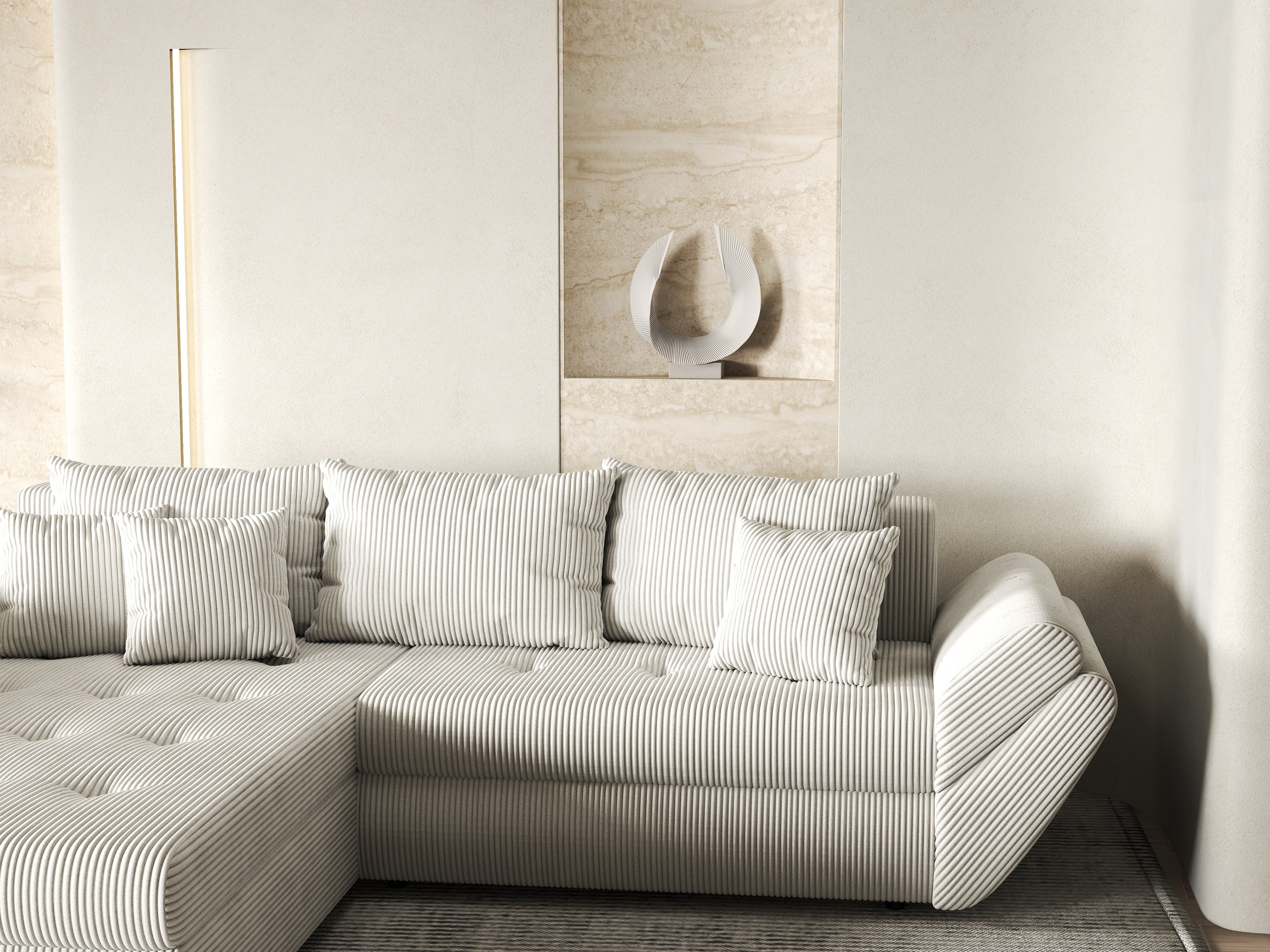 Colțar extensibil dumonde cu ladă de depozitare si sezut confortabil din spuma HR, Loana Zoom Crem 270x185 cm Fabrica